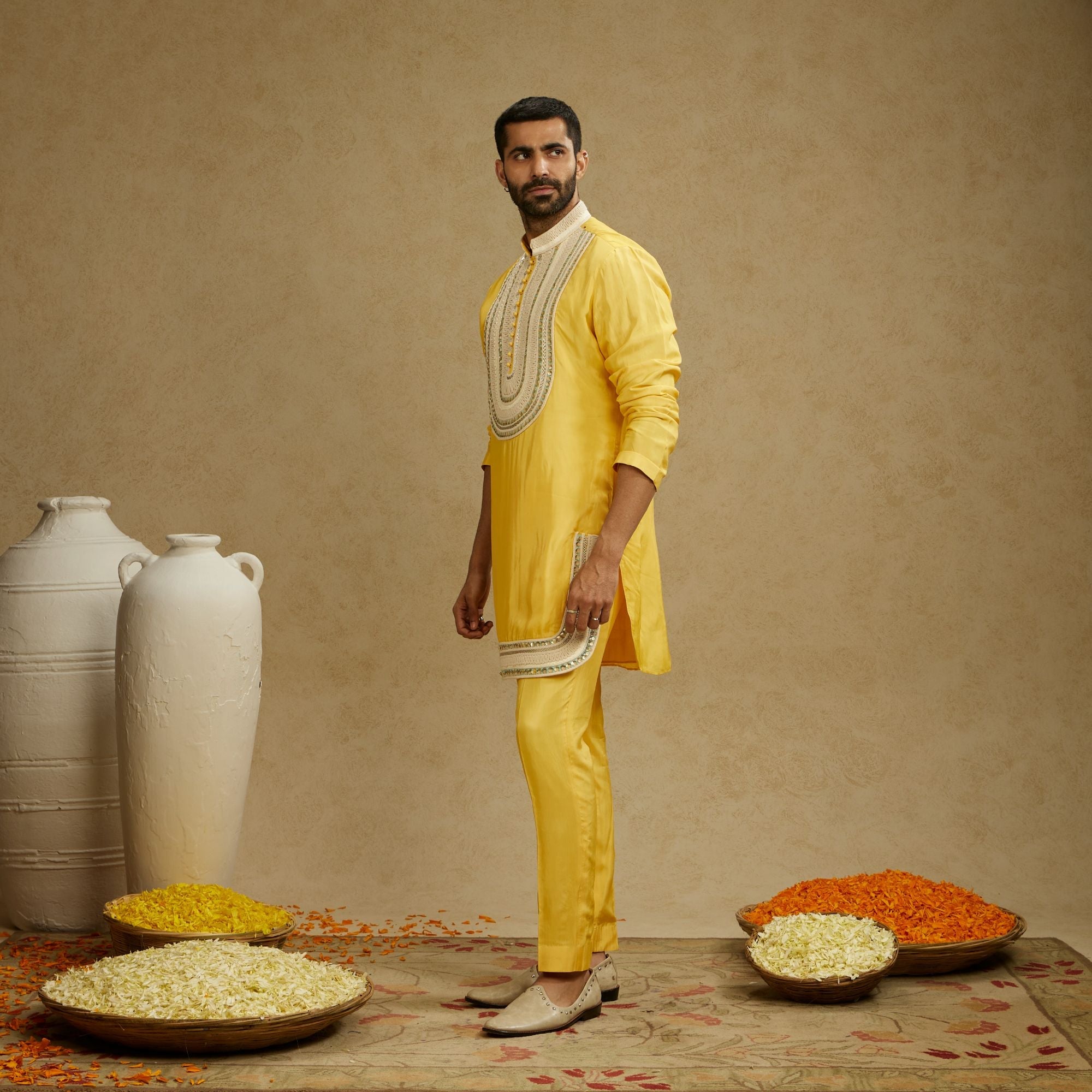 Dandelion Yellow Threadwork Yoke Embroidered Kurta With Pants