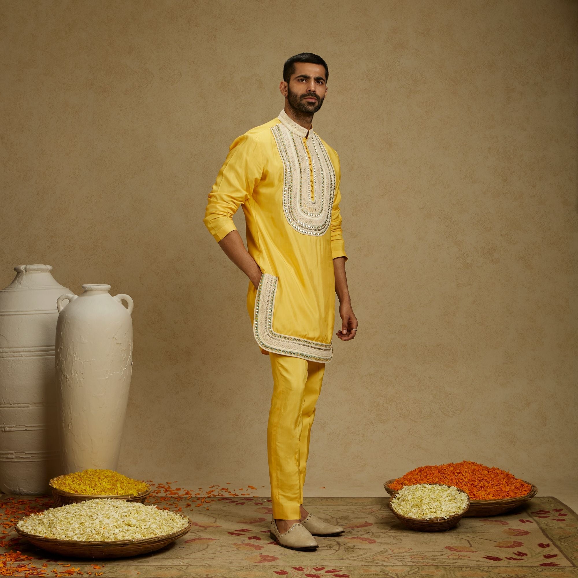 Dandelion Yellow Threadwork Yoke Embroidered Kurta With Pants