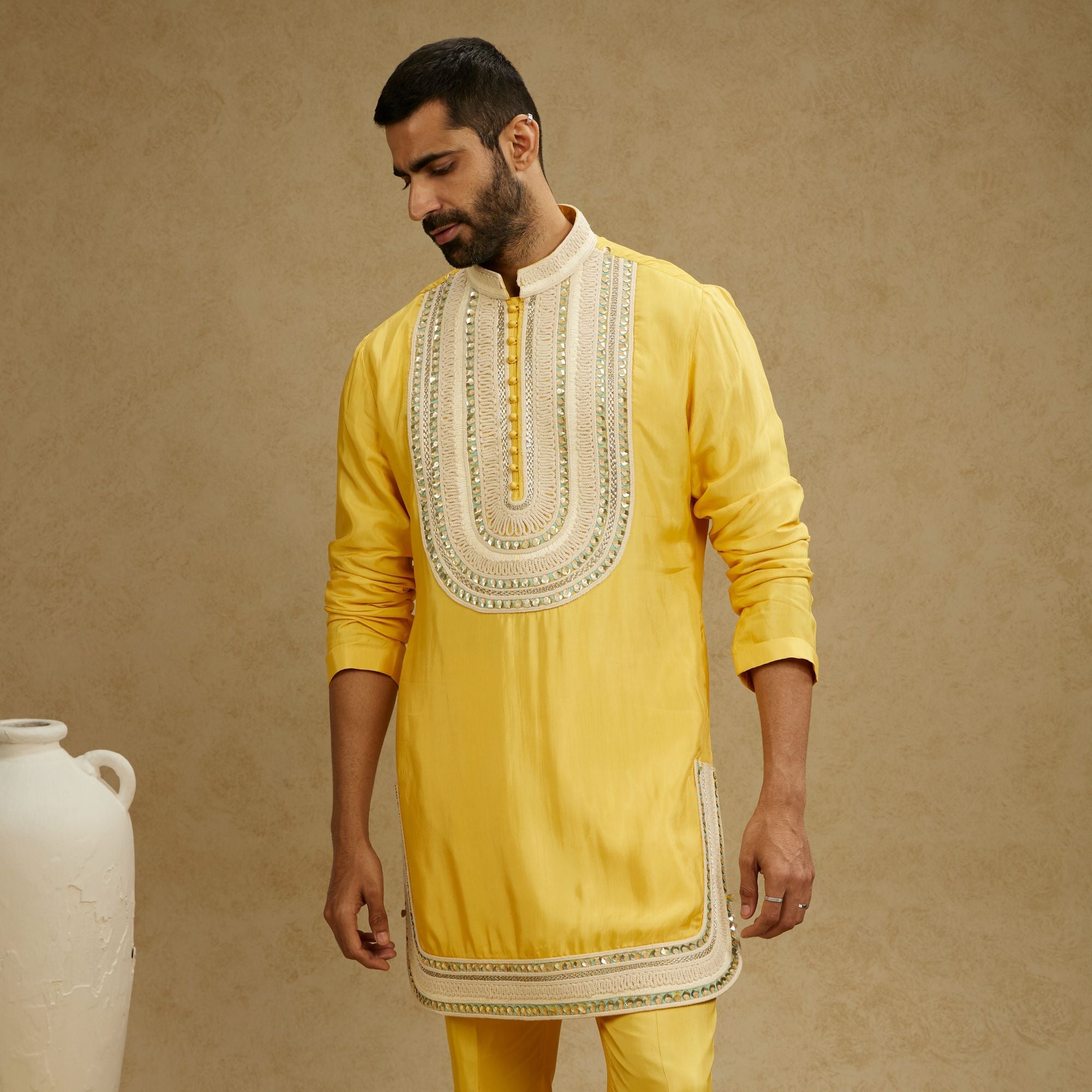 Dandelion Yellow Threadwork Yoke Embroidered Kurta With Pants