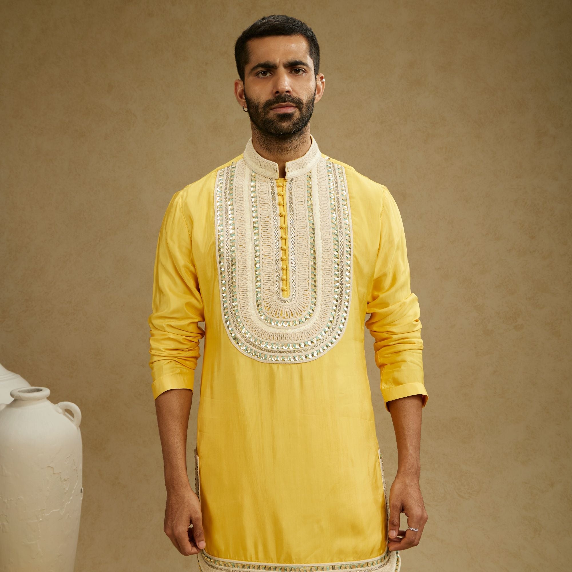 Dandelion Yellow Threadwork Yoke Embroidered Kurta With Pants