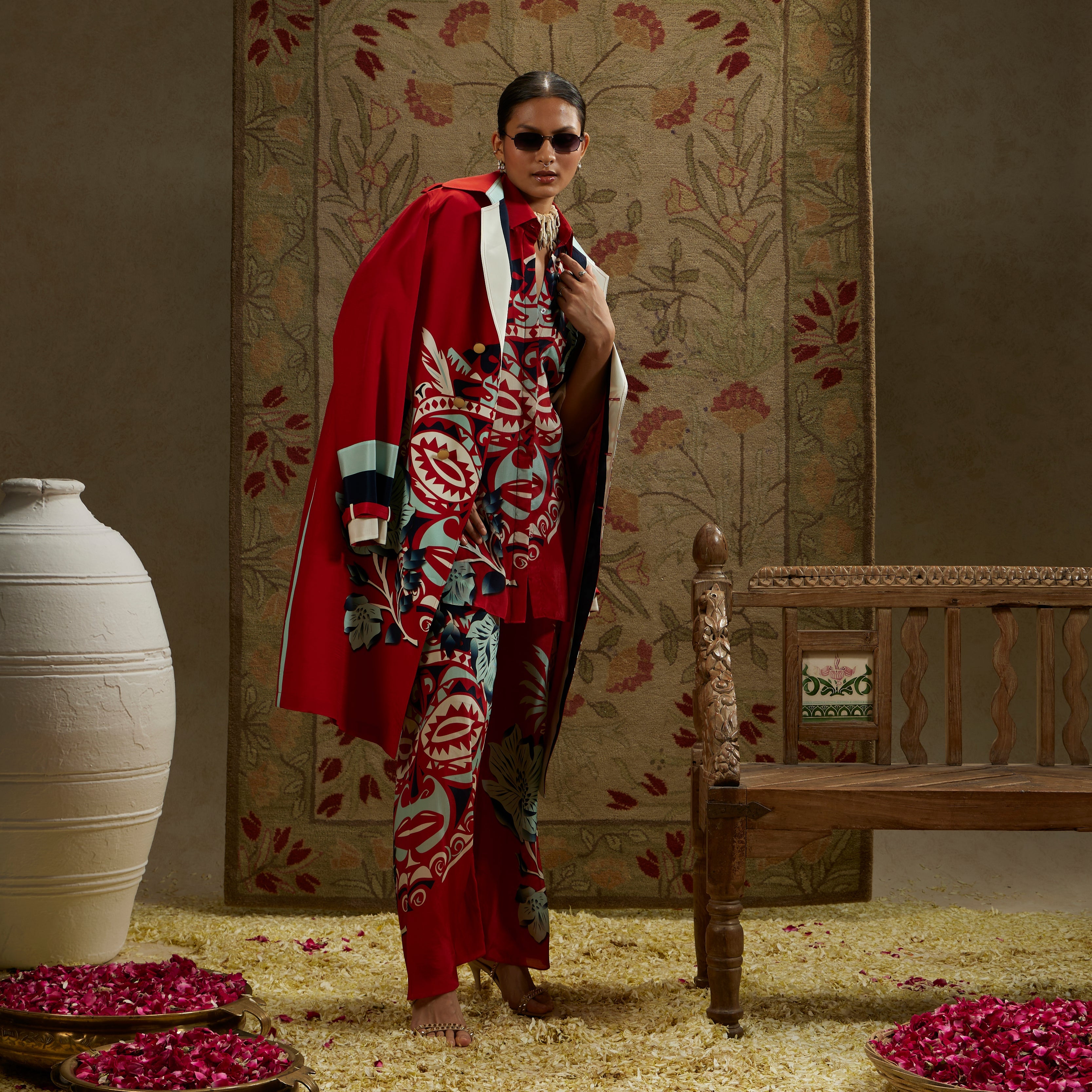 Red Printed Mask Trench Coat