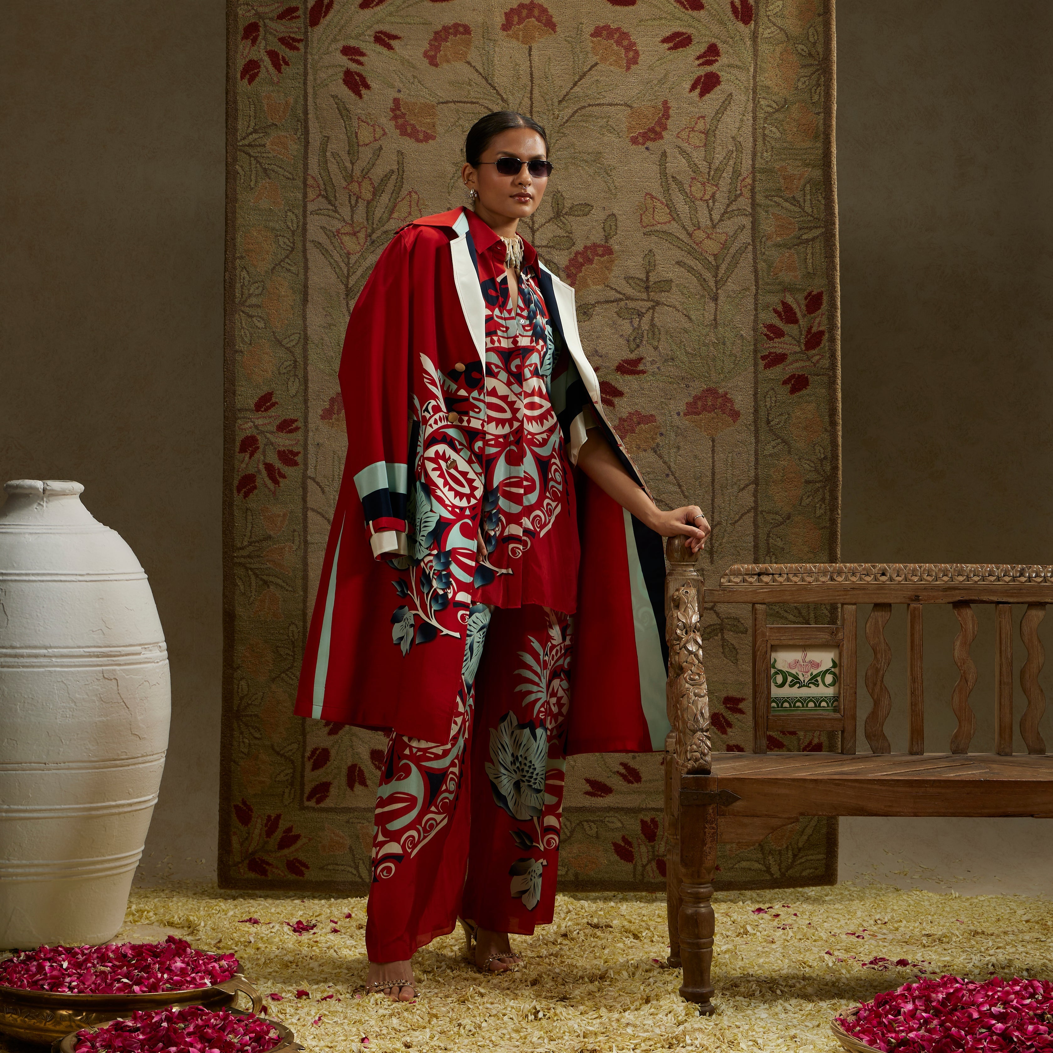 Red Printed Mask Trench Coat