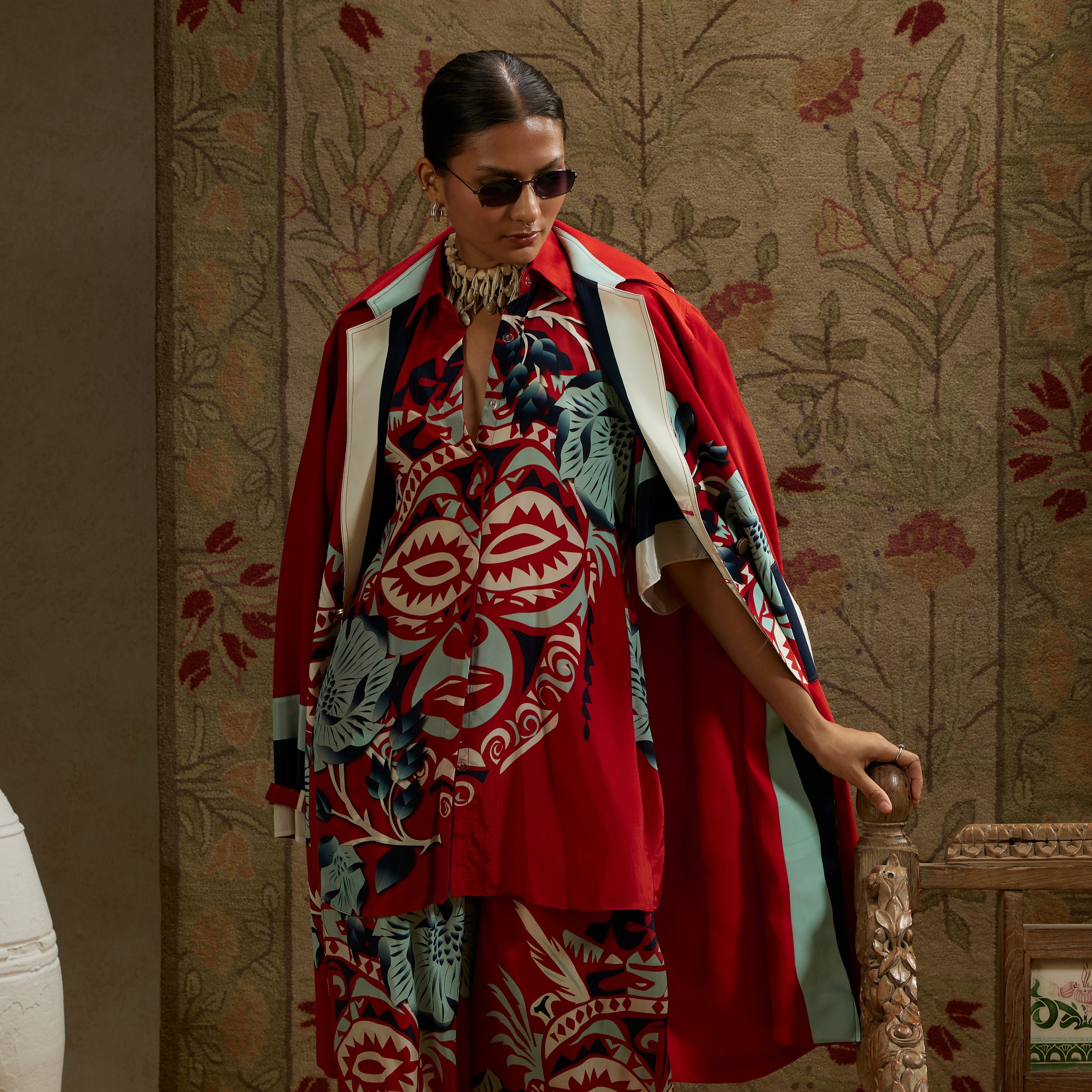 Red Printed Mask Trench Coat