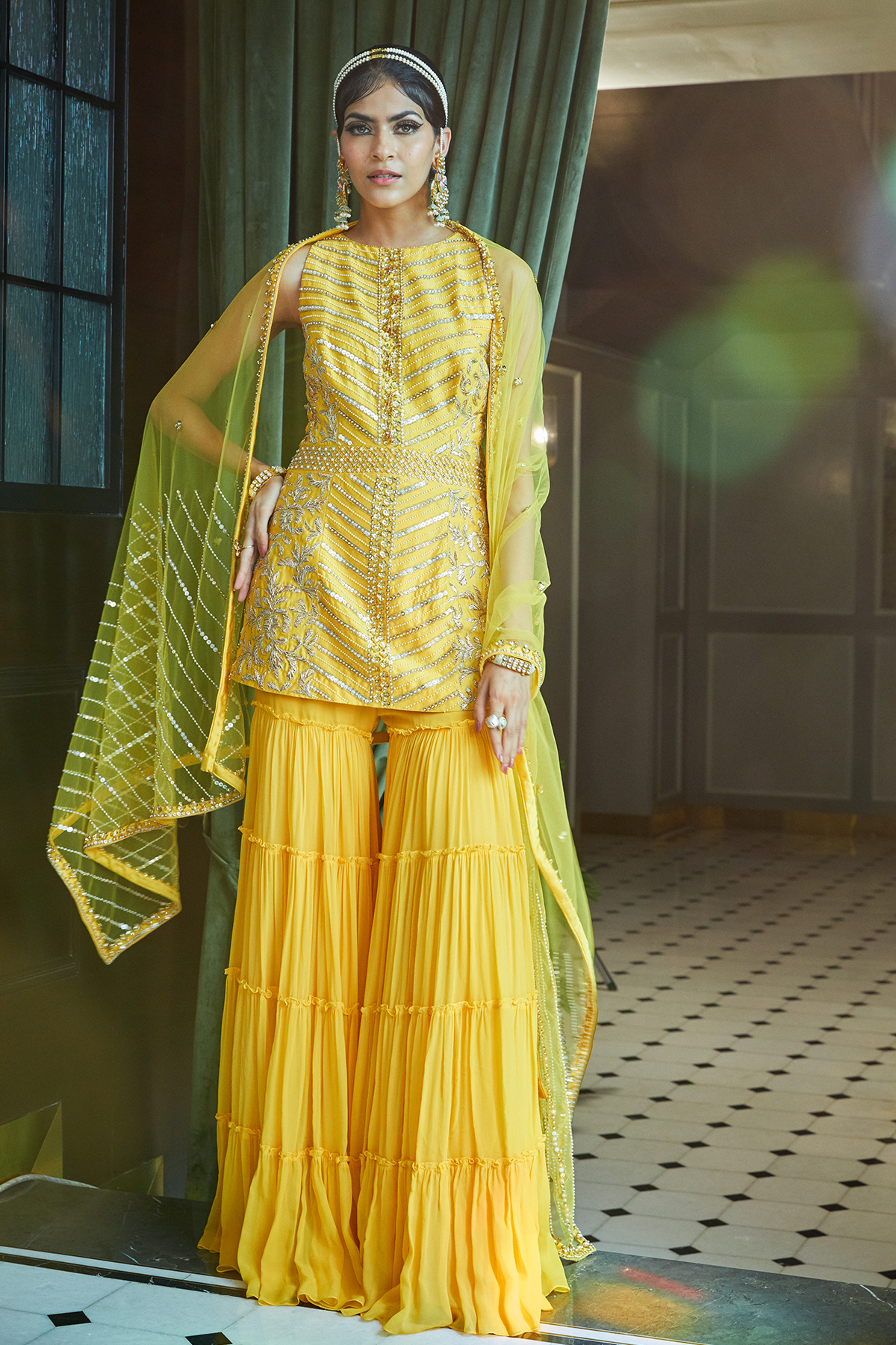 Mango Short Kurta And Tiered Sharara Pants With Dupatta Set