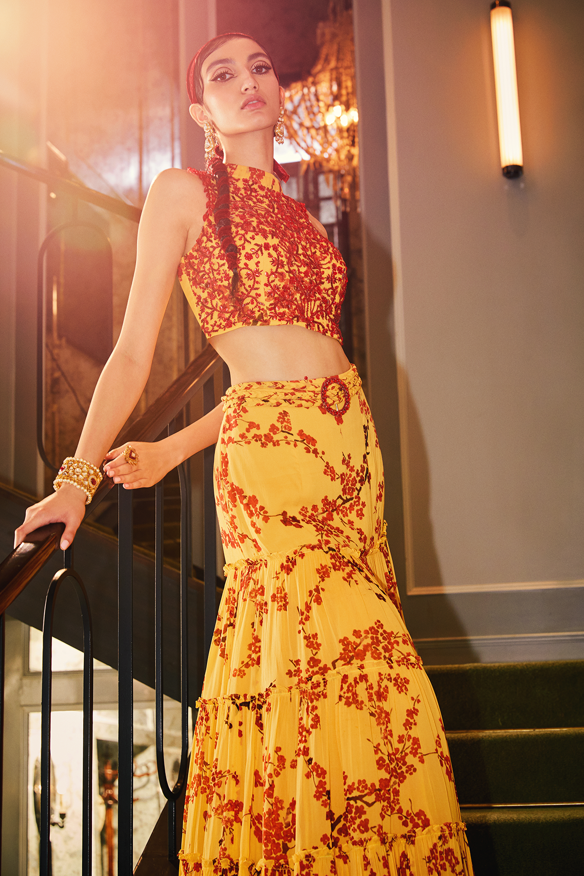 Mango Printed Crop Top And Mermaid Skirt Set