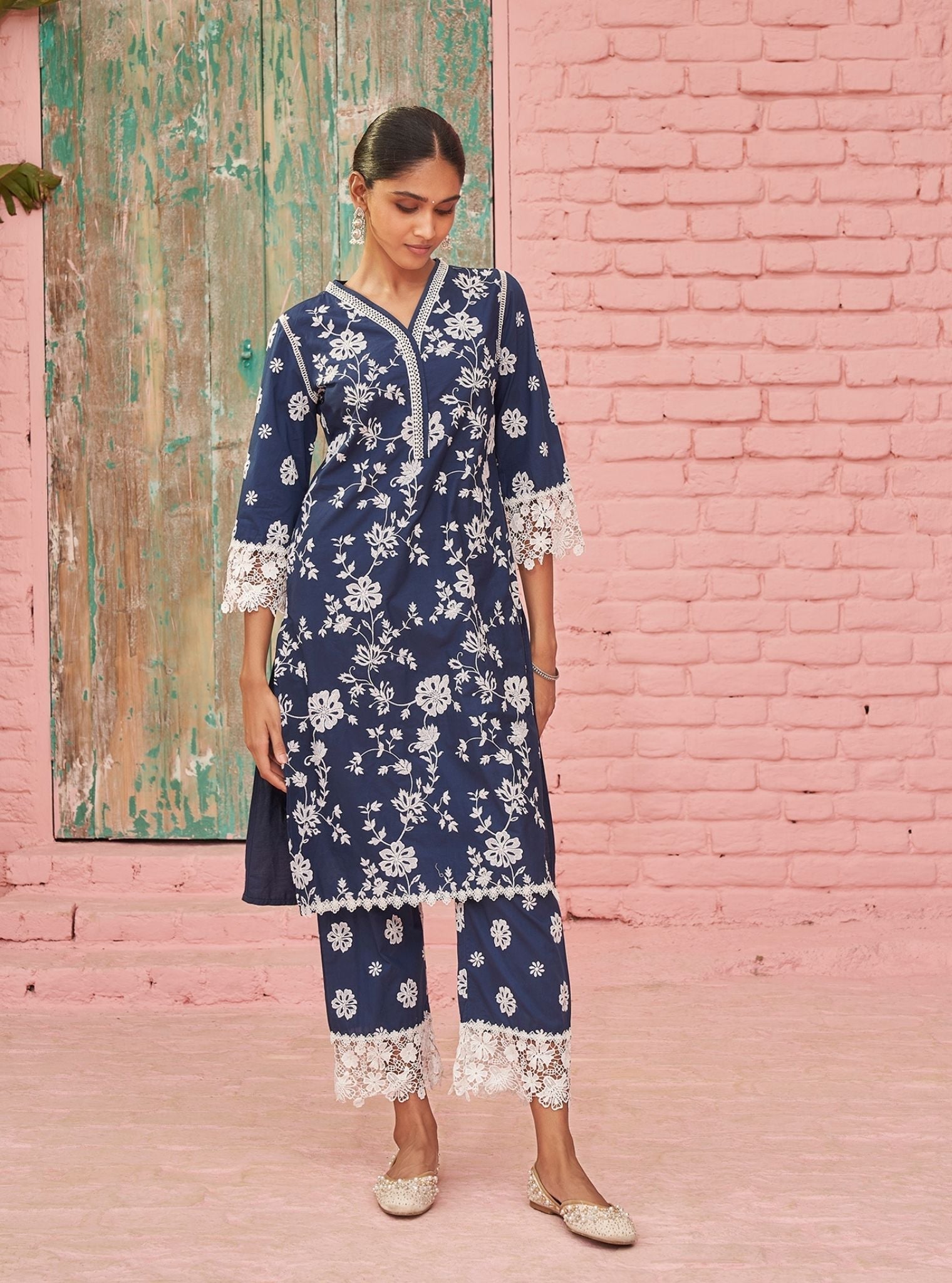 Mulmul Cotton Roli Navy Kurta With Mulmul Cotton Roli Navy Pant