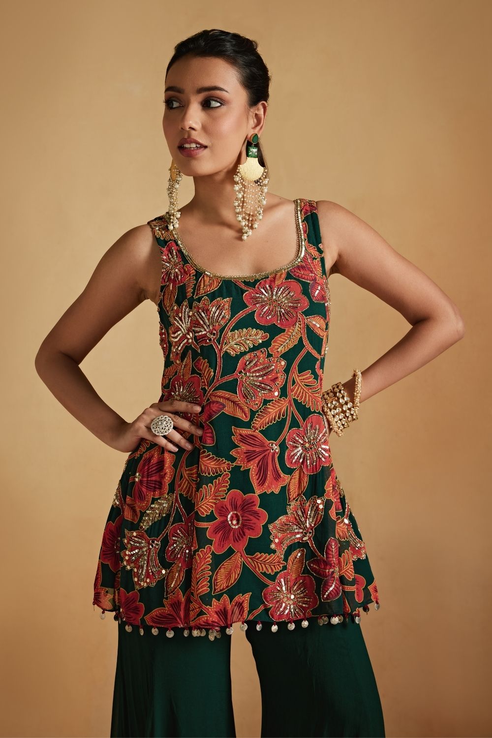 Green Floral Printed Gathered Top And Pants Set