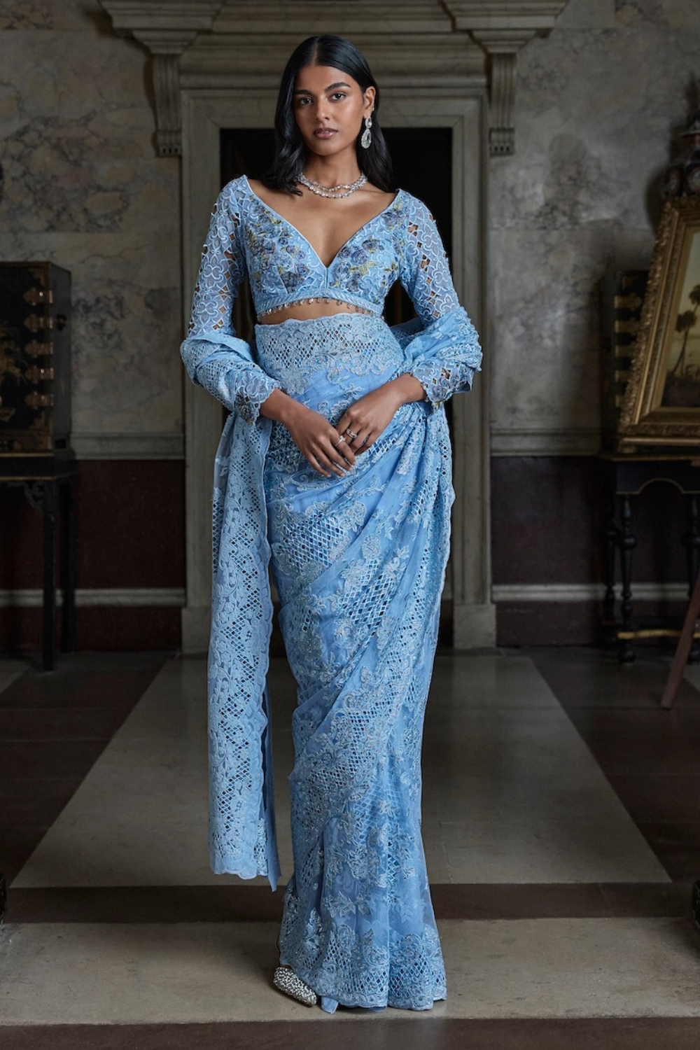 Powder Blue Thread Work Saree