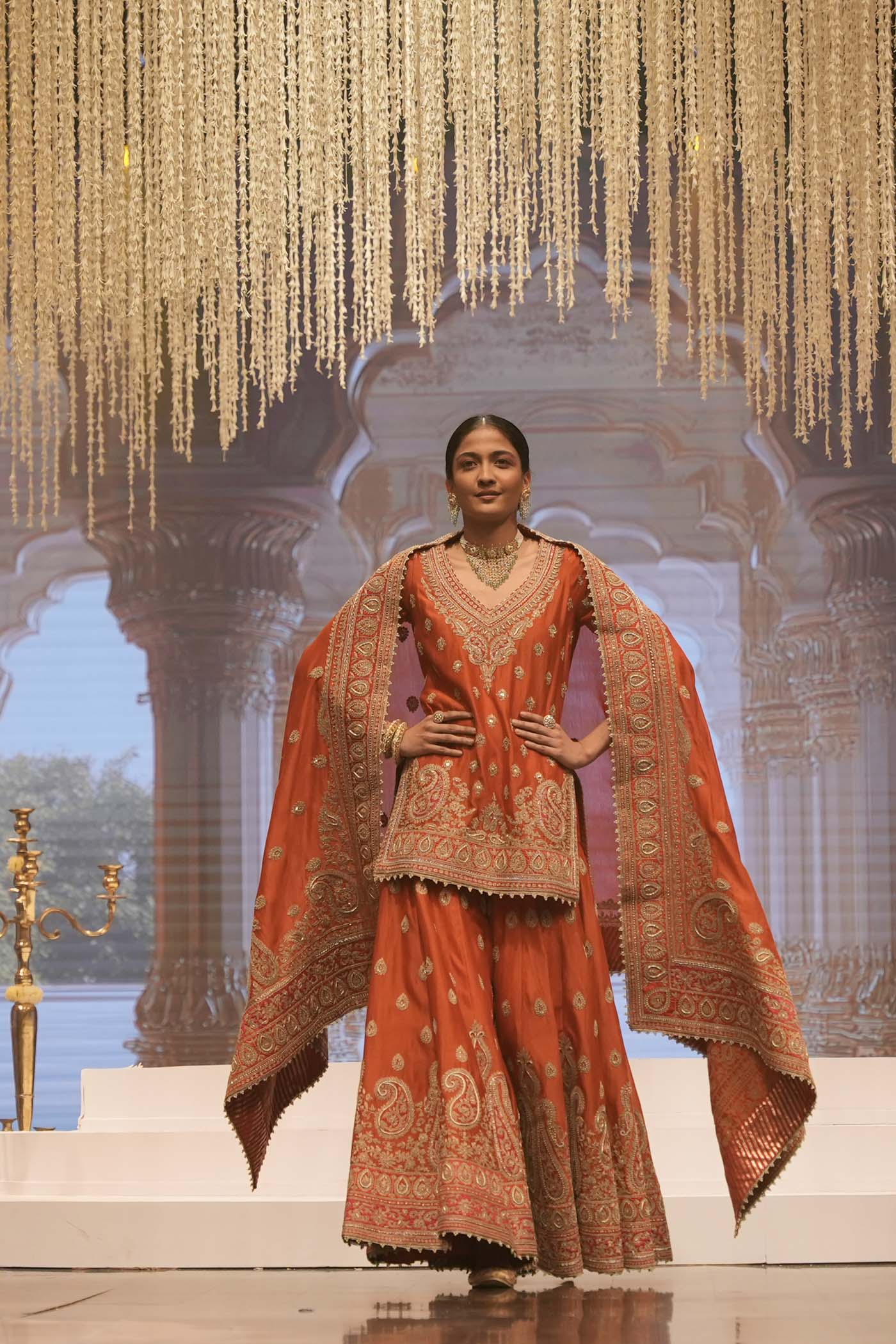 Shazfa - Burnt Orange Short Kurta With Sharara