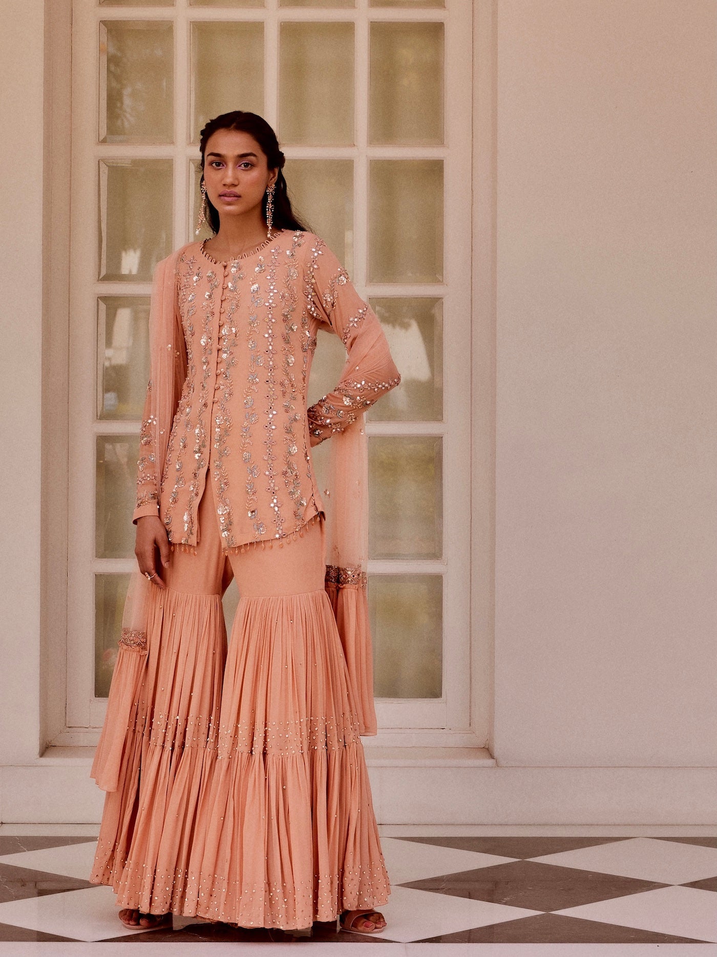 Rose Gold Kurta And Tiered Sharara With Dupatta Set