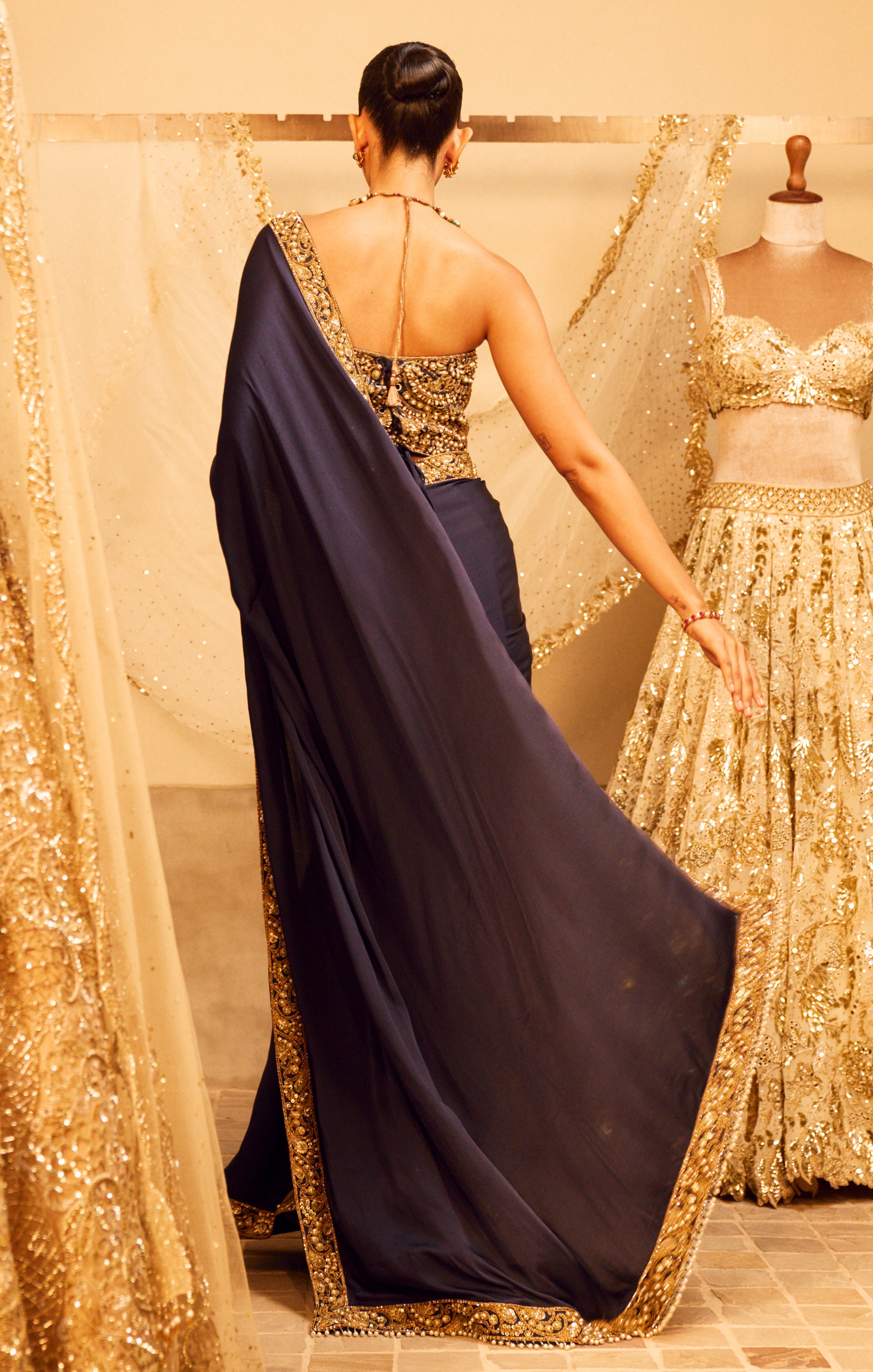 Midnight Blue Satin Saree And Corset Blouse