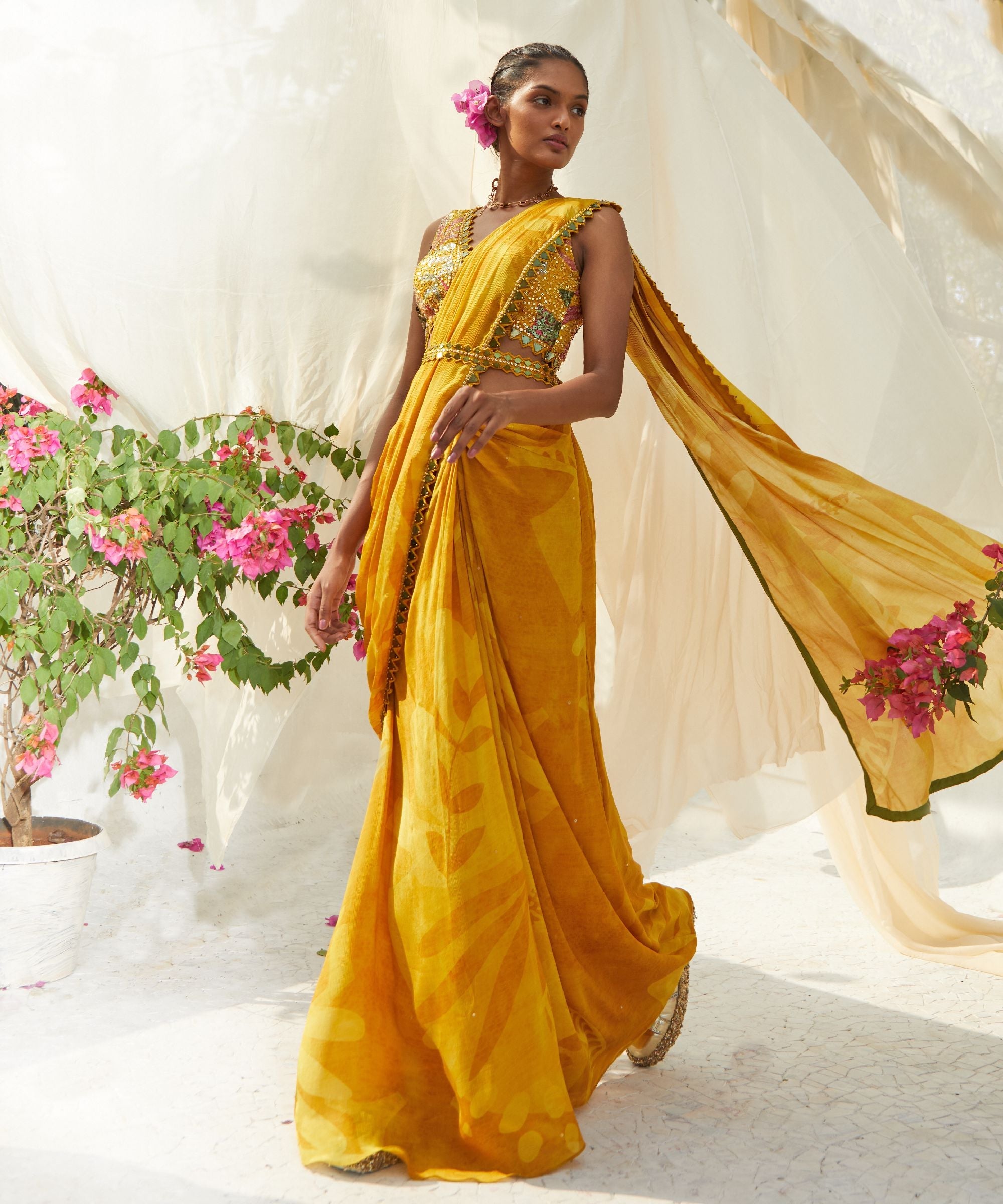 Yellow Predrapped Saree