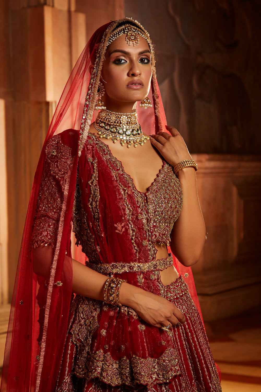 Blood Red Raw Silk Lehenga Choli And Belt With Tulle Dupatta With An Optional Lighter Second Dupatta