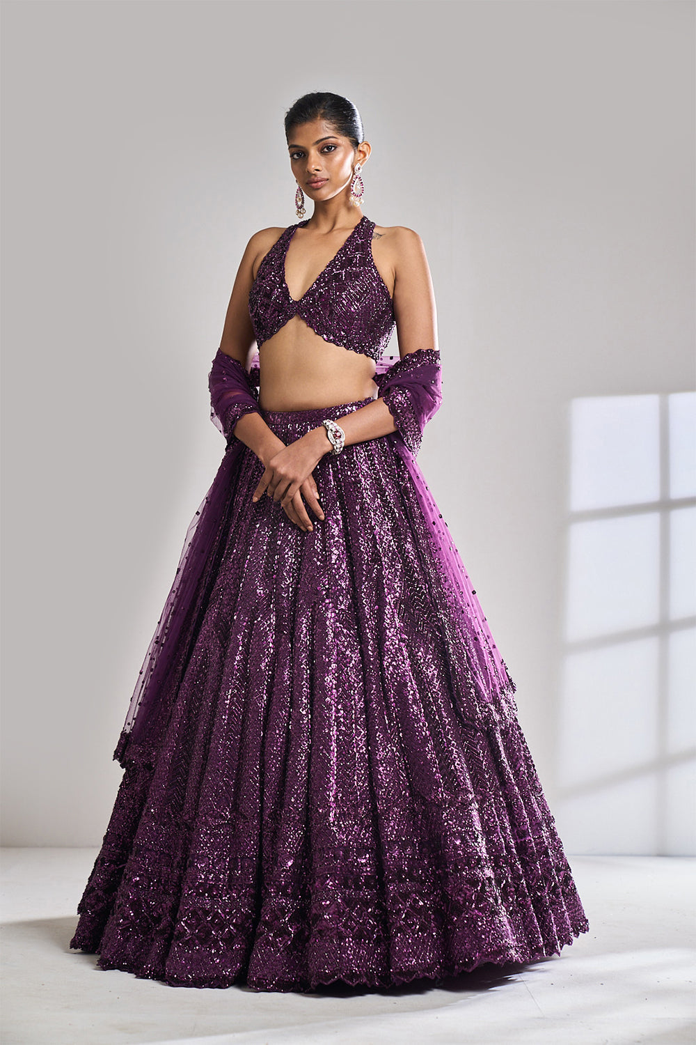 Pooja Hegde In Burgundy Sequin Lehenga Set