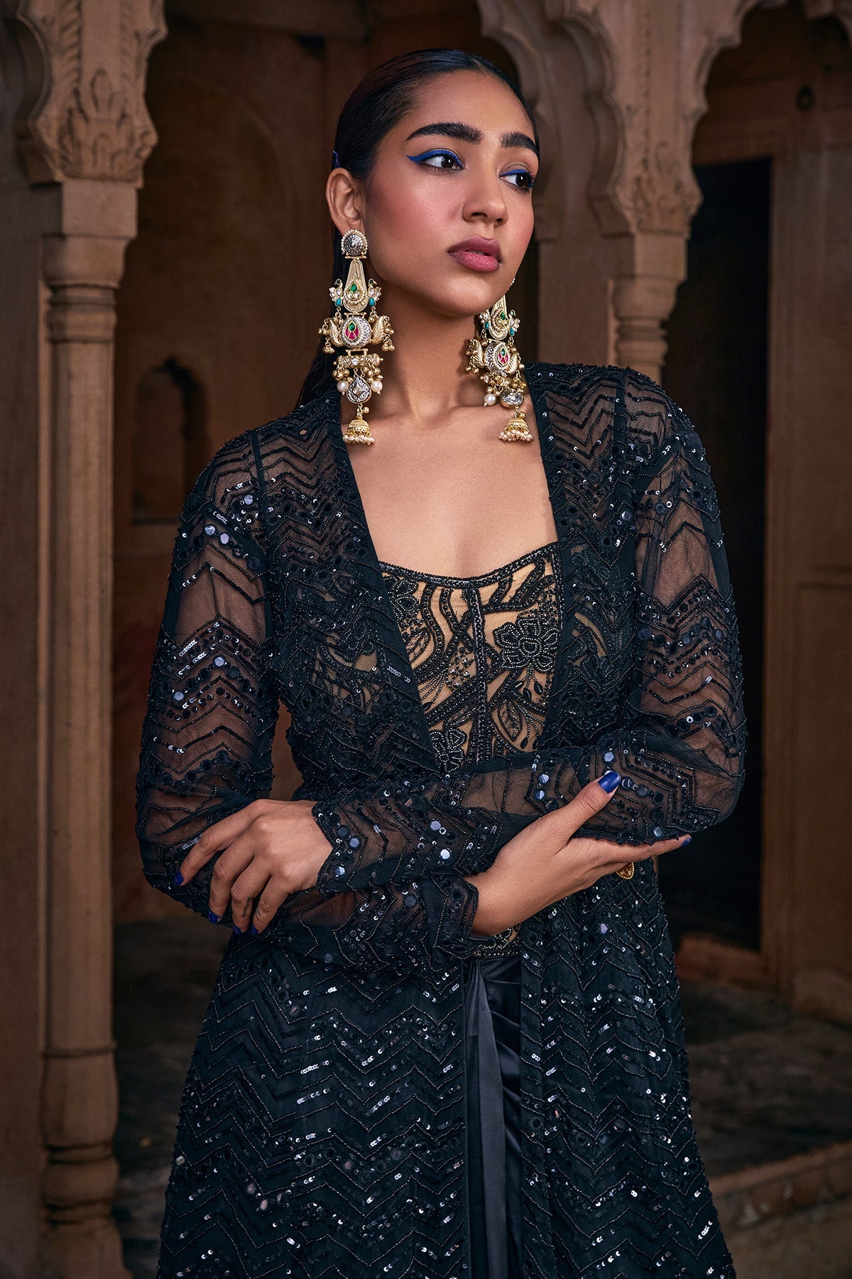 Black Embroidered Long Jacket Set