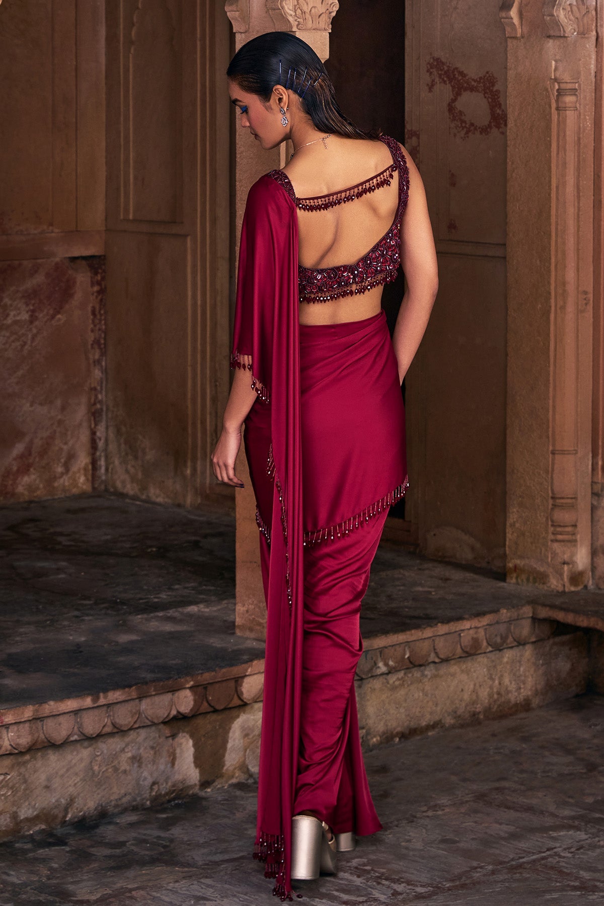 Maroon Embroidered Saree Set Marsala