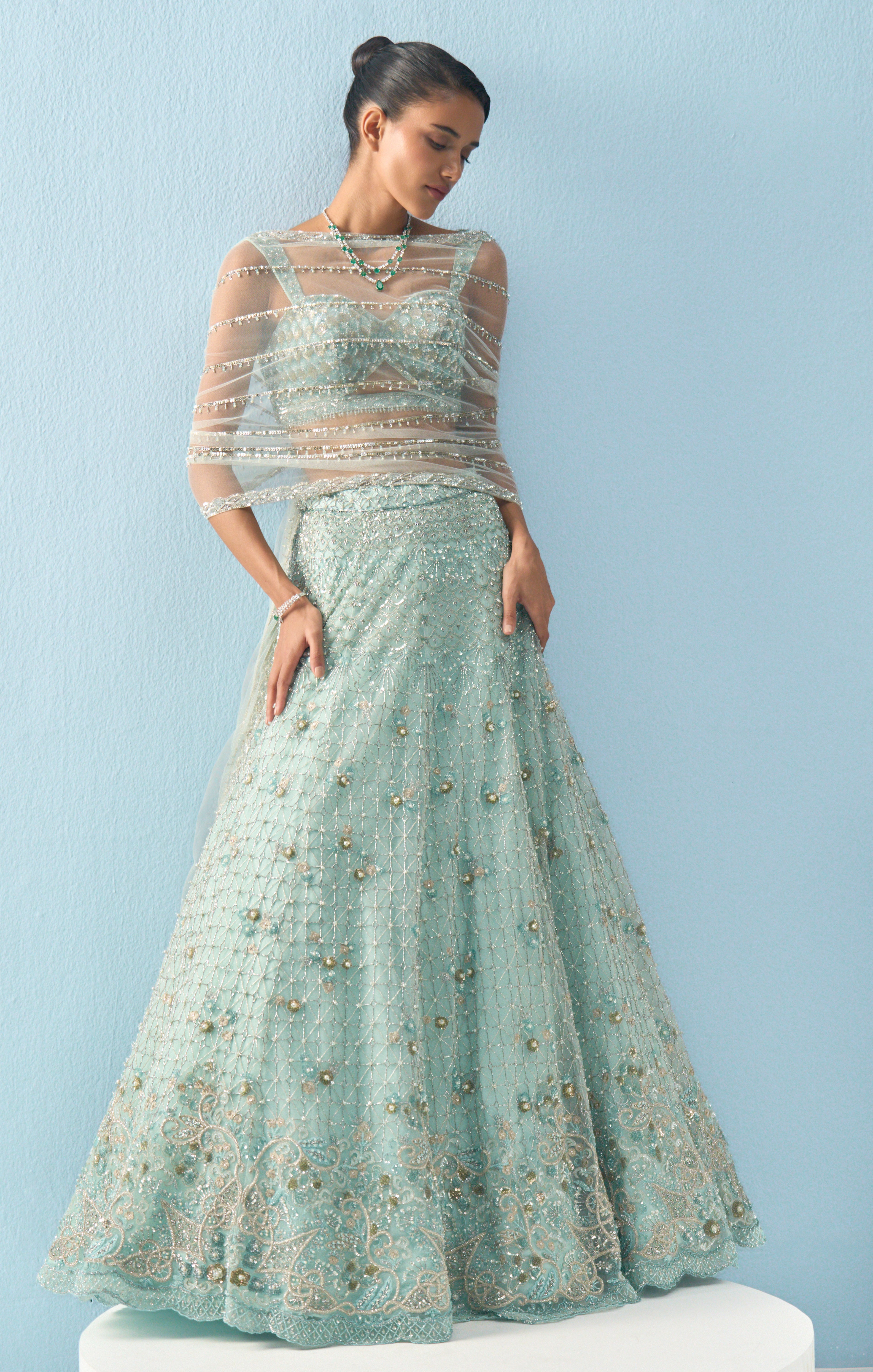 Aqua Blue Tulle Lehenga Set