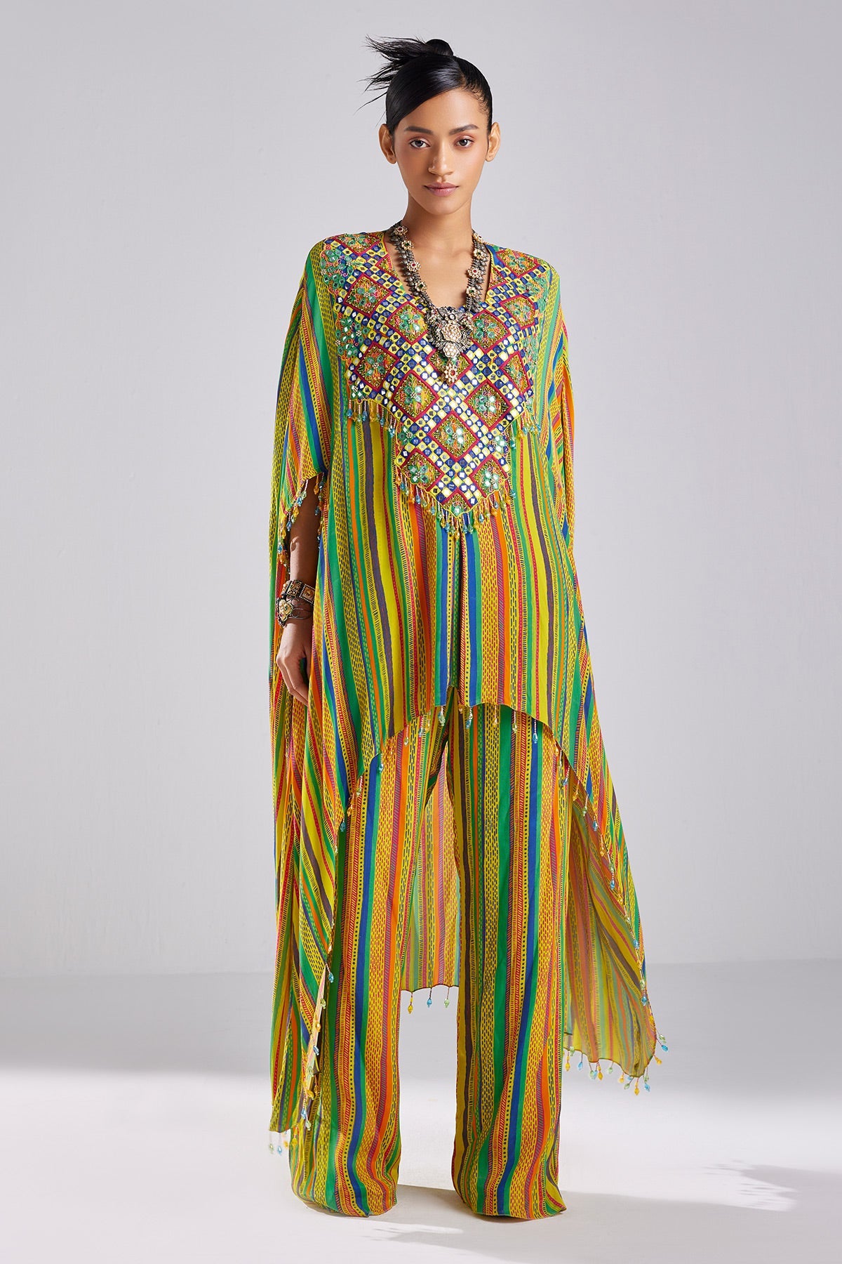 Yellow Print & Embroidered Kaftaan Set