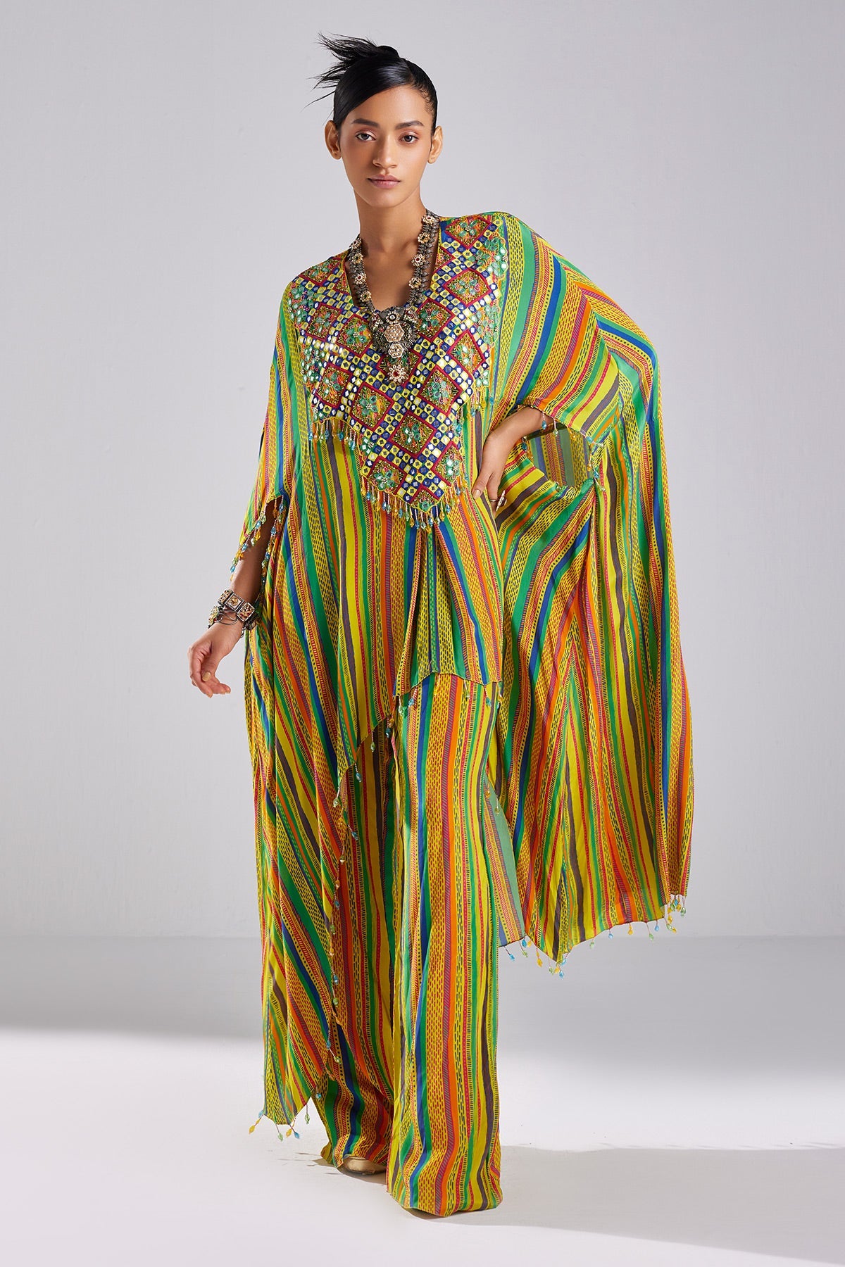 Yellow Print & Embroidered Kaftaan Set