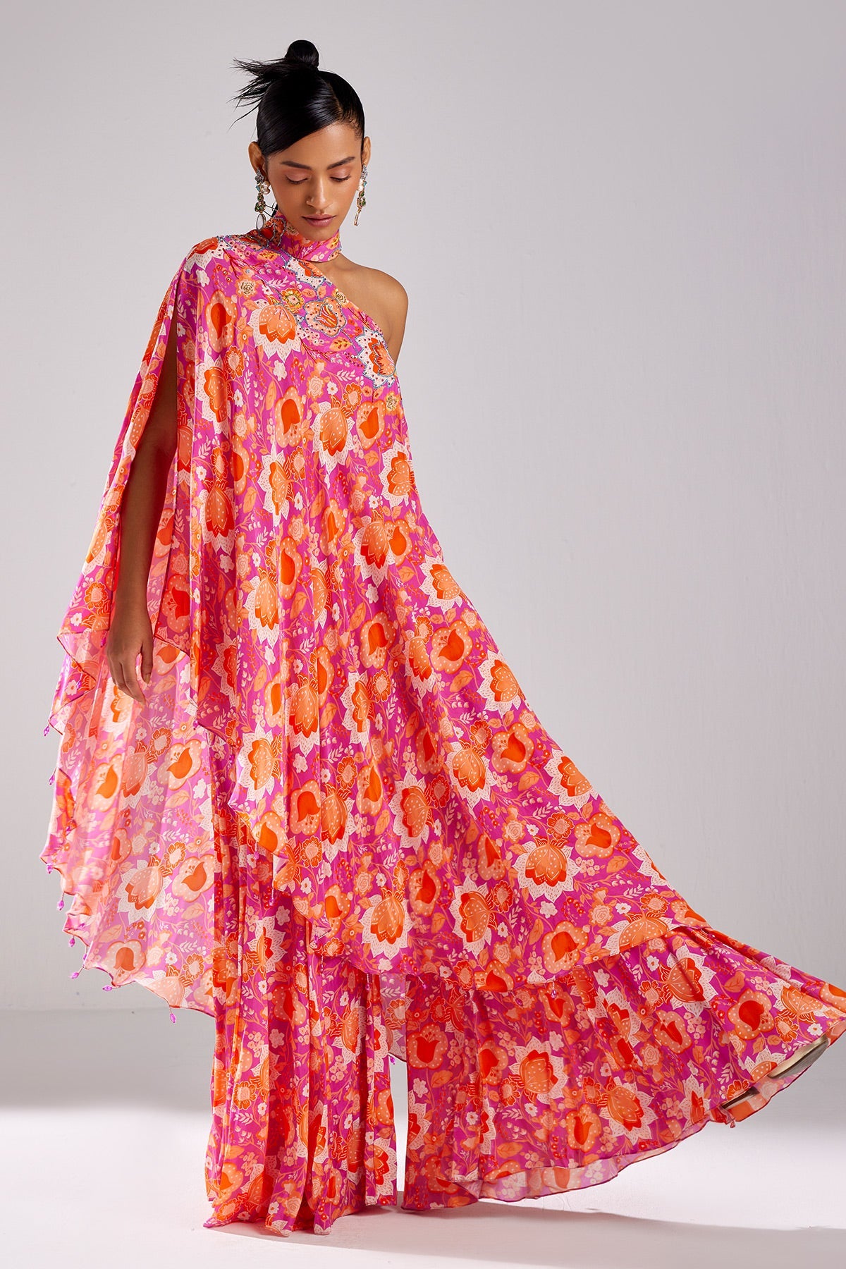 Fuschia Pink Print & Embroidered Kaftaan Set