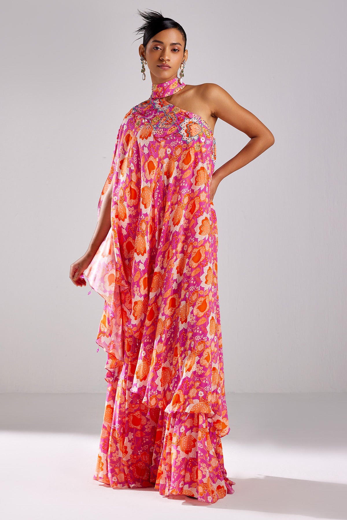 Fuschia Pink Print & Embroidered Kaftaan Set