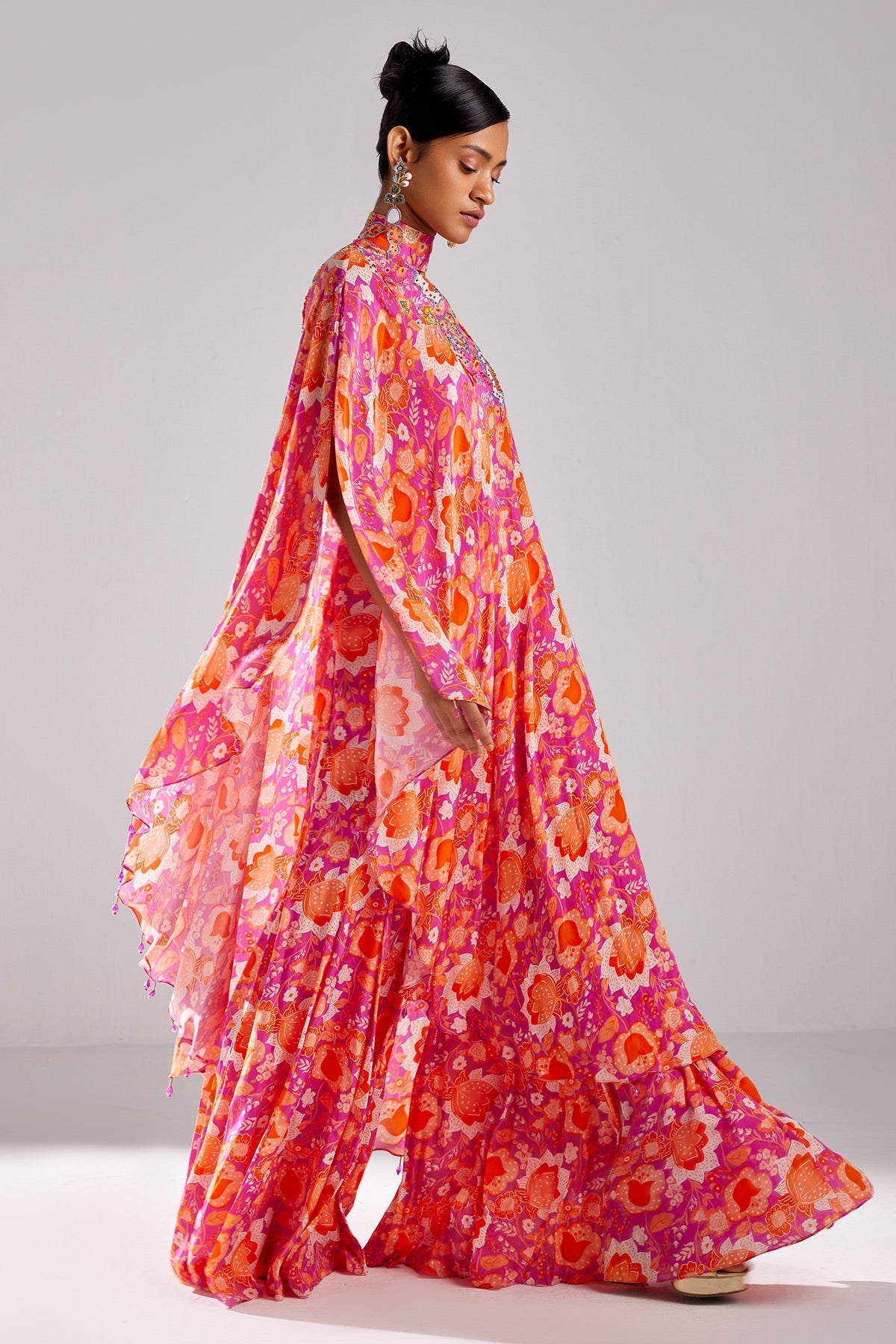 Fuschia Pink Print & Embroidered Kaftaan Set
