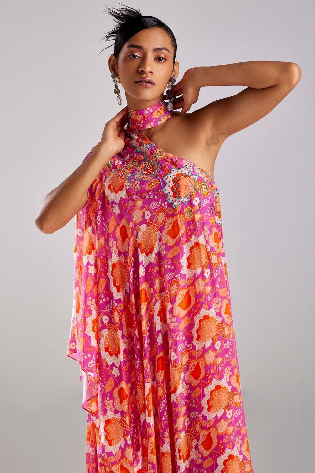 Fuschia Pink Print & Embroidered Kaftaan Set