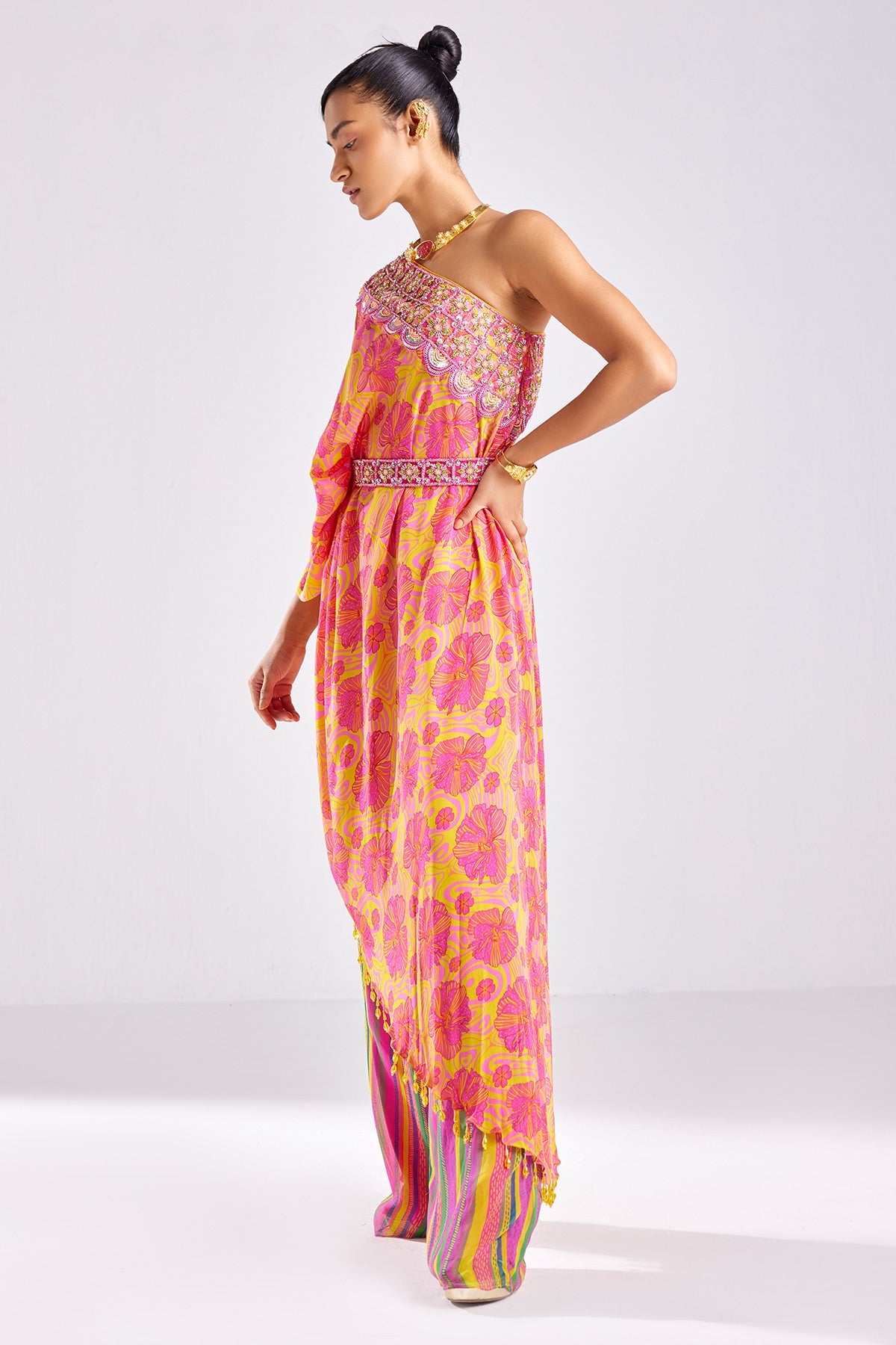 Pink Print & Embroidered Kaftaan Set