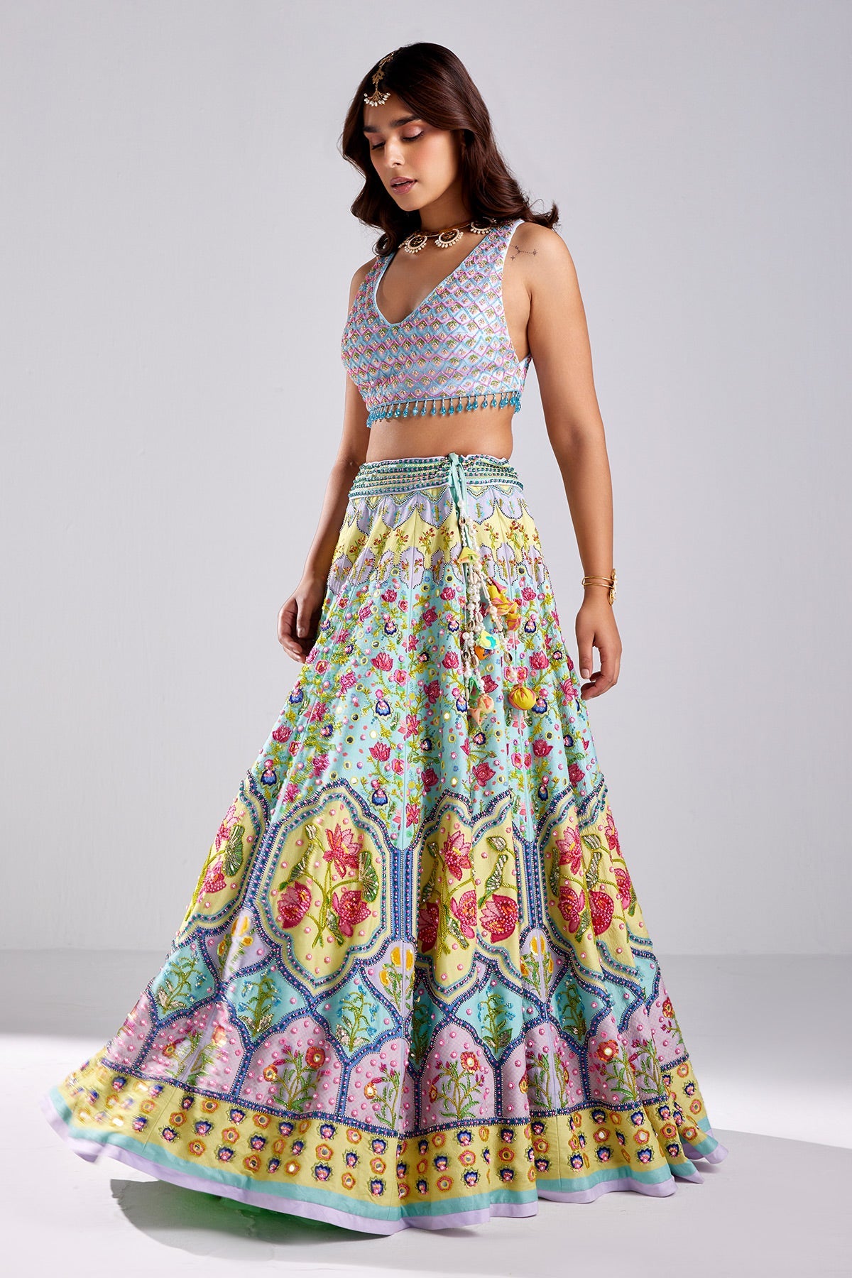 Nisha Aggarwal In Tiffany Blue Print & Embroidered Lehenga Set