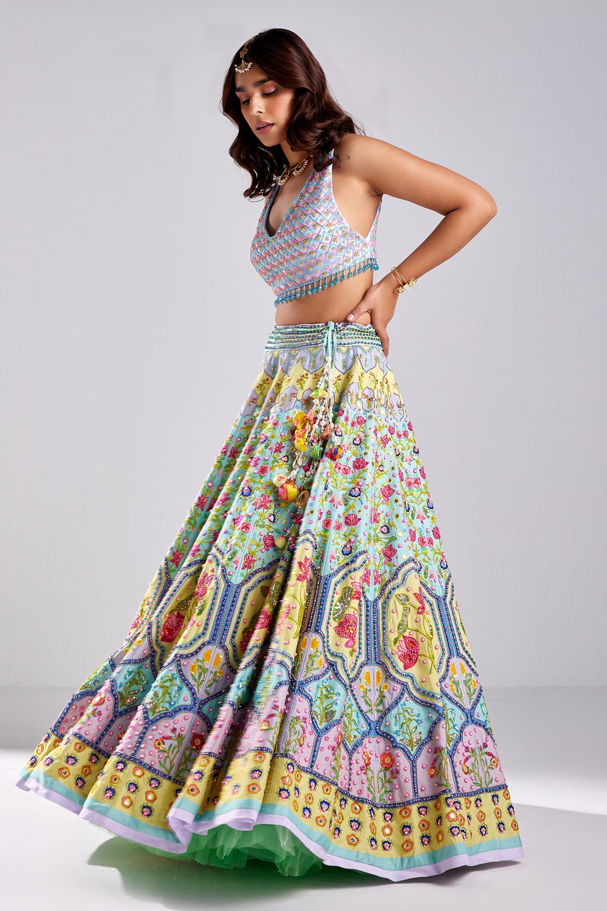 Nisha Aggarwal In Tiffany Blue Print & Embroidered Lehenga Set
