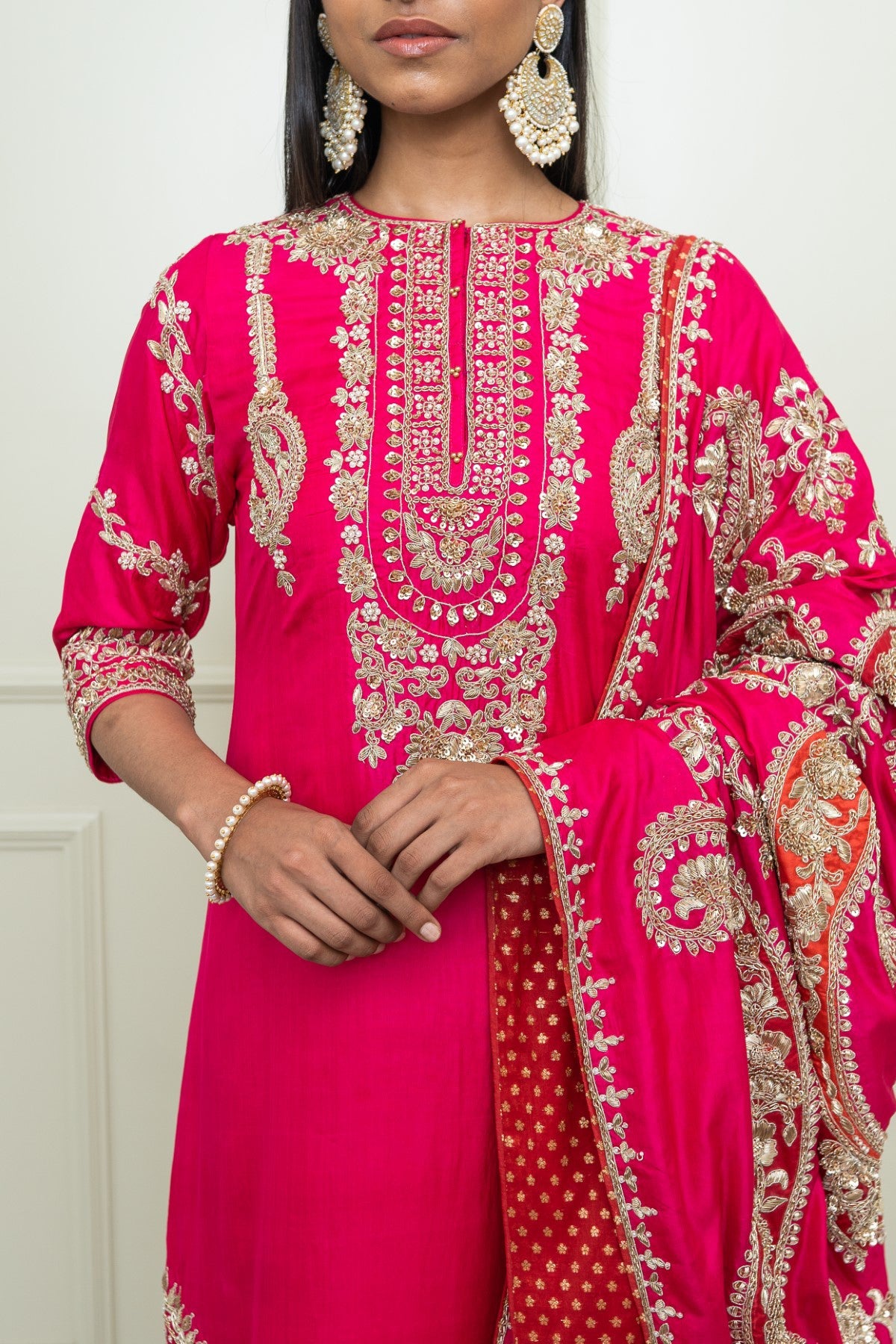 Aalaya - Rani Hotpink A-Line Kurta With Dogri Salwar And Odhni