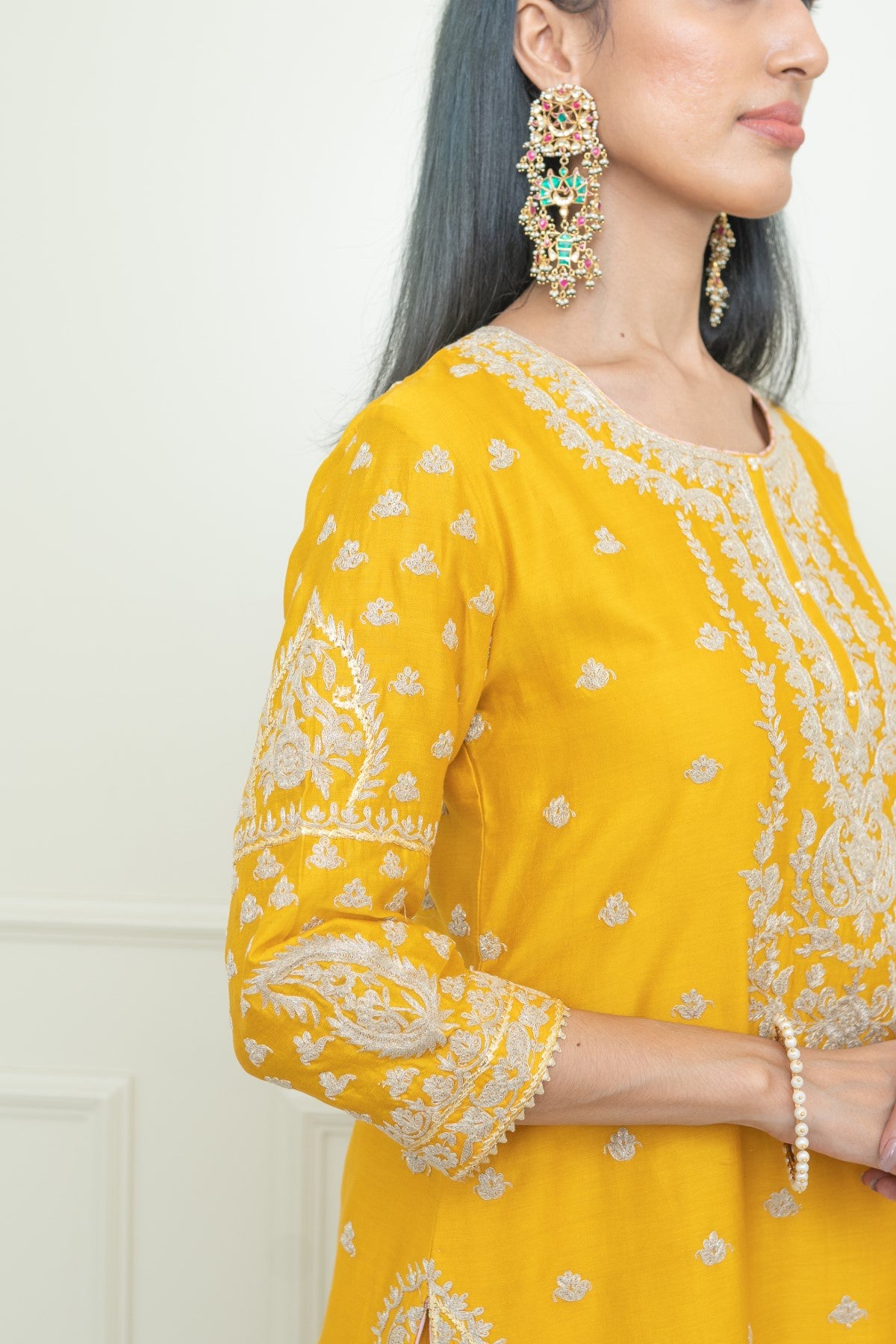 Shaima- Glaze Mustard Straight Kurta With Sharara And Odhni