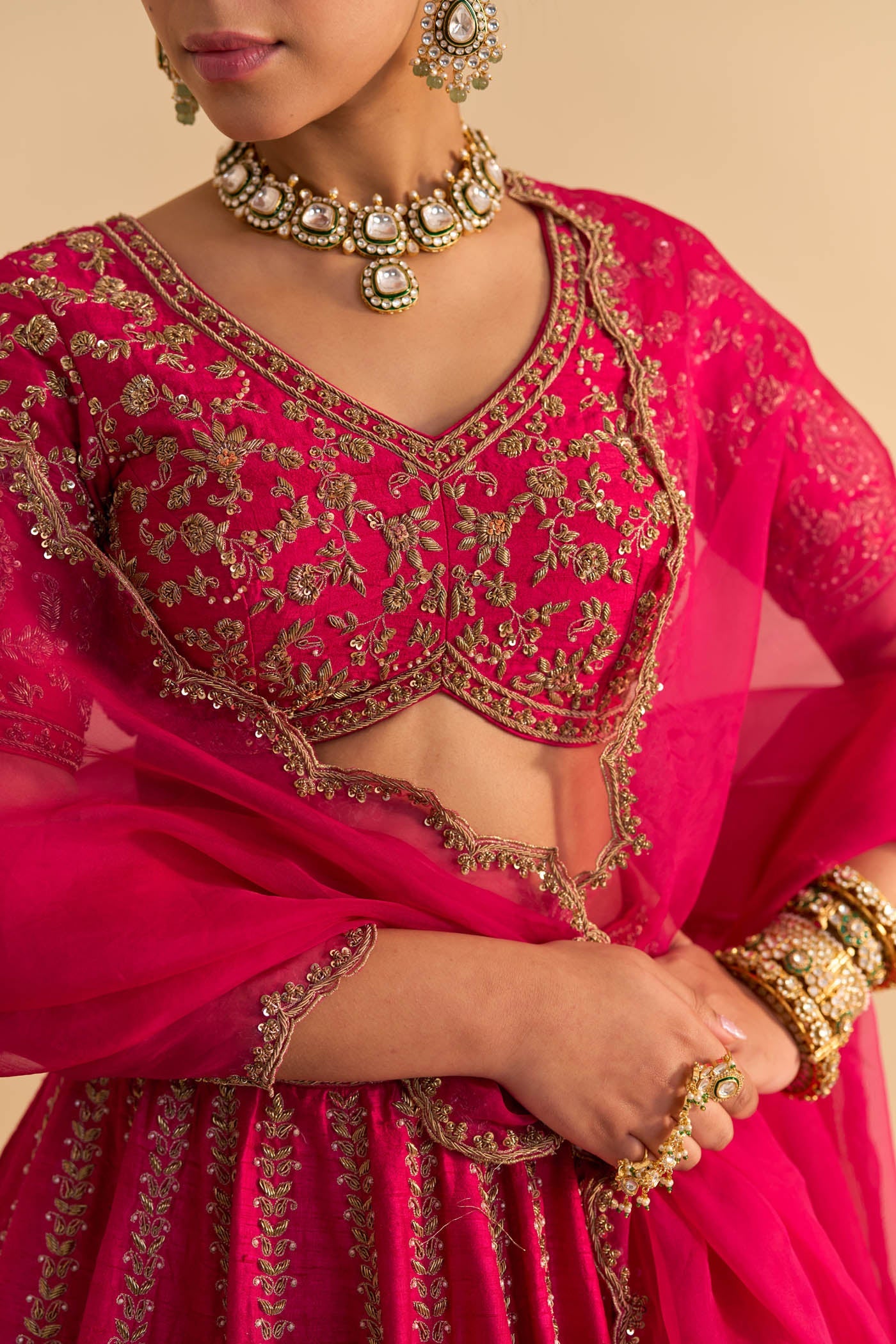 Naazila - Dabka Zardozi Embroidered Raw Silk Rani Hotpink Lehenga Set