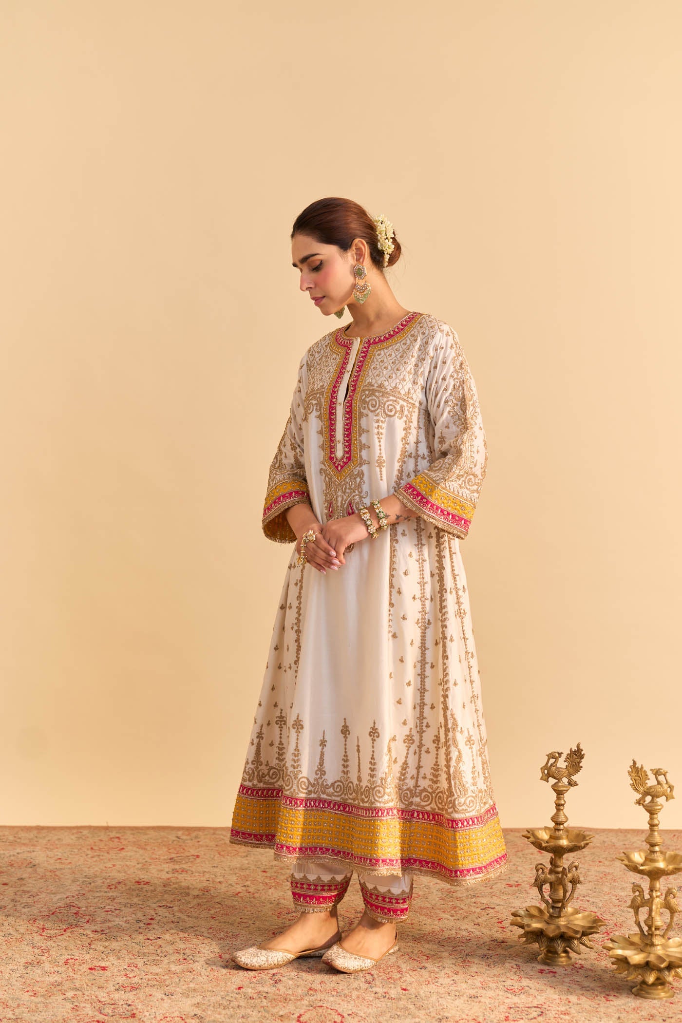 Nargis - Dabka Zardozi Embroidered Kalidaar Daisy Ivory With Heirloom Mustard Long Chauga Set