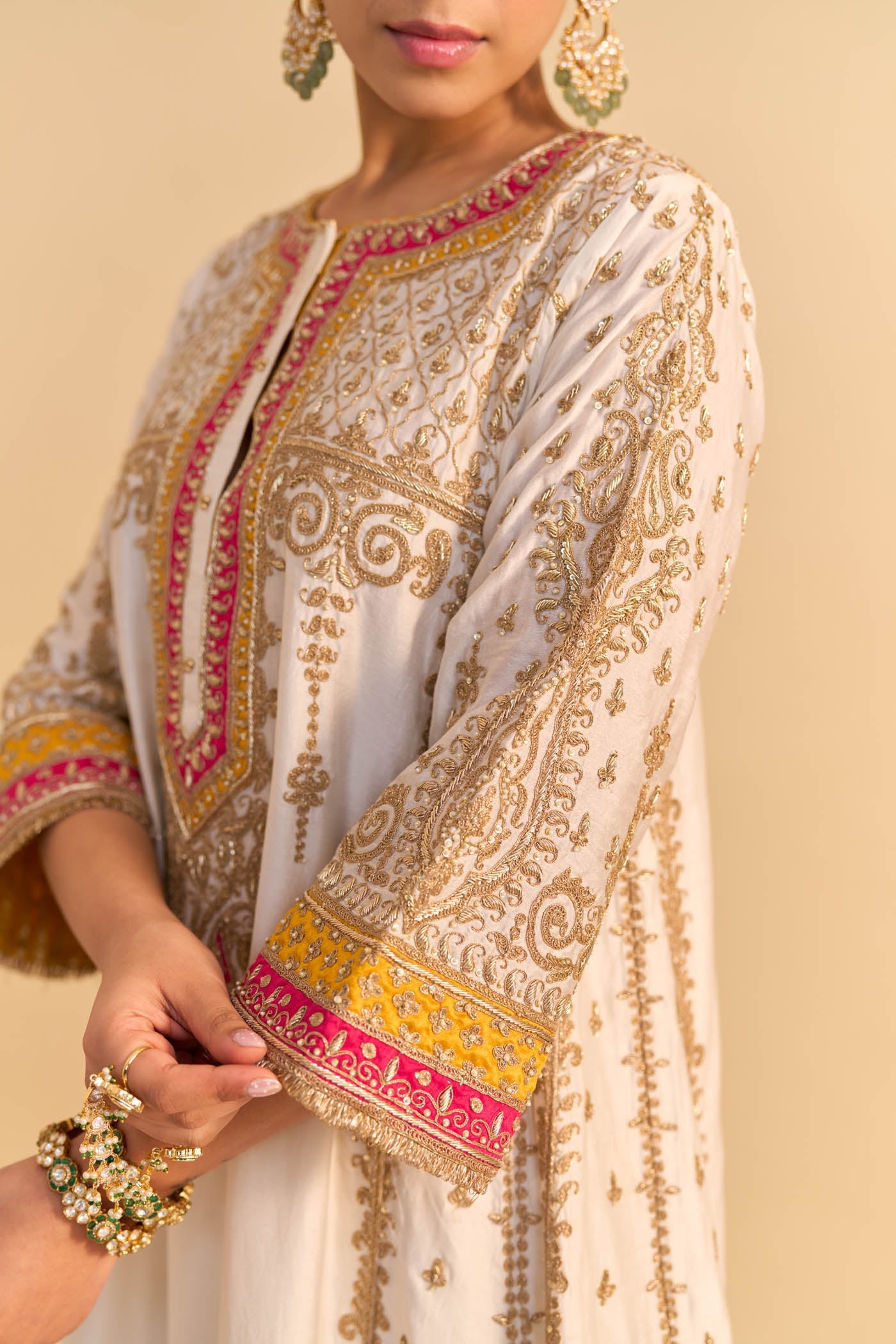 Nargis - Dabka Zardozi Embroidered Kalidaar Daisy Ivory With Heirloom Mustard Long Chauga Set