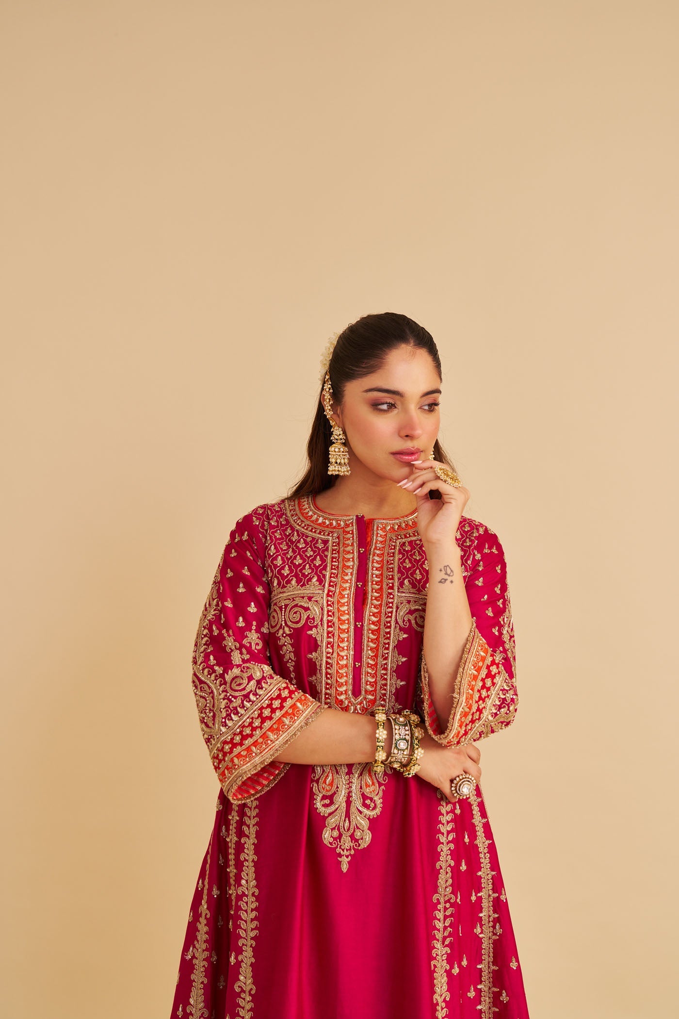 Nargis - Dabka Zardozi Embroidered Rich Banarasi Kalidaar Rani Hotpink Long Chauga Set
