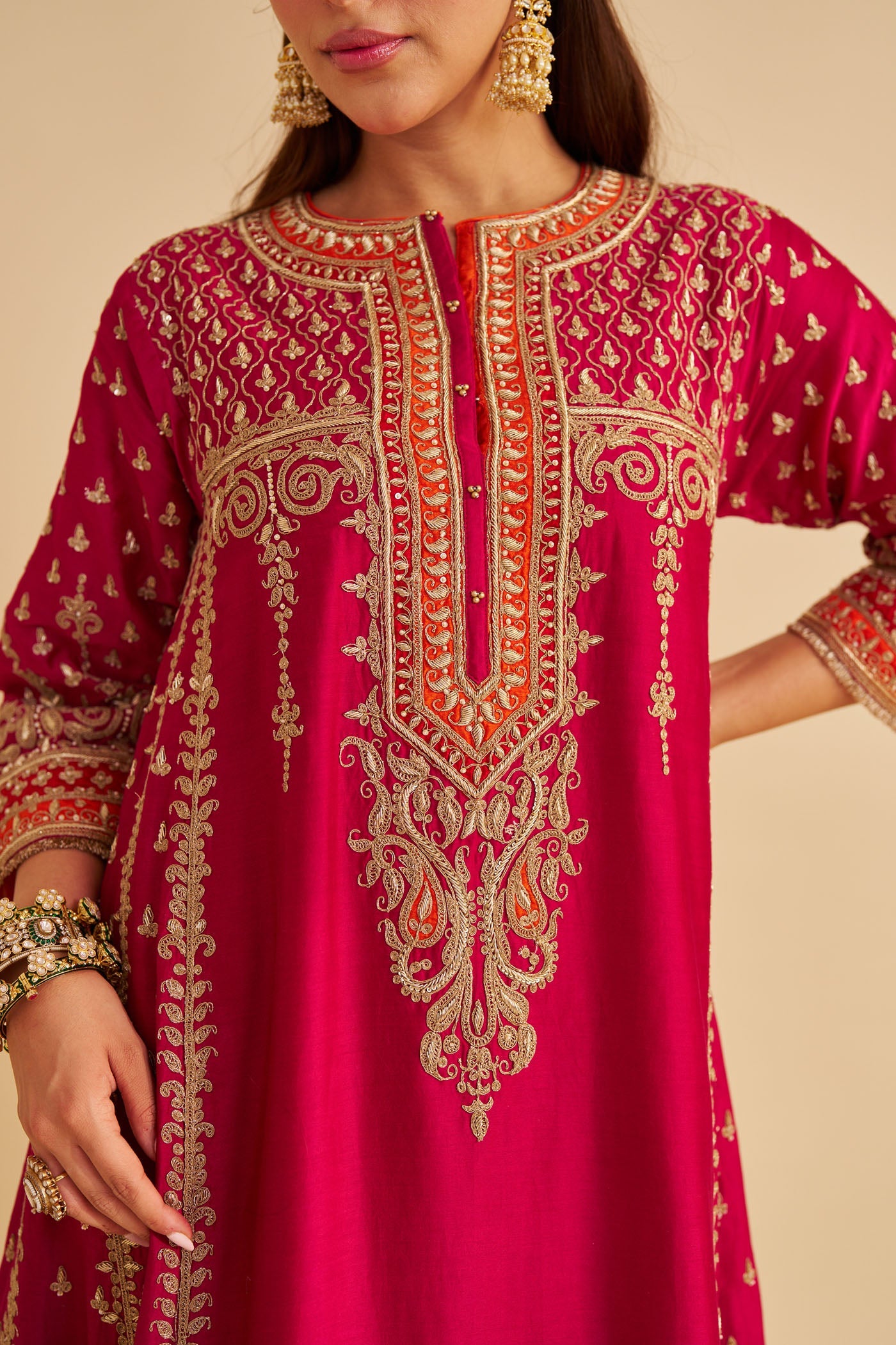 Nargis - Dabka Zardozi Embroidered Rich Banarasi Kalidaar Rani Hotpink Long Chauga Set