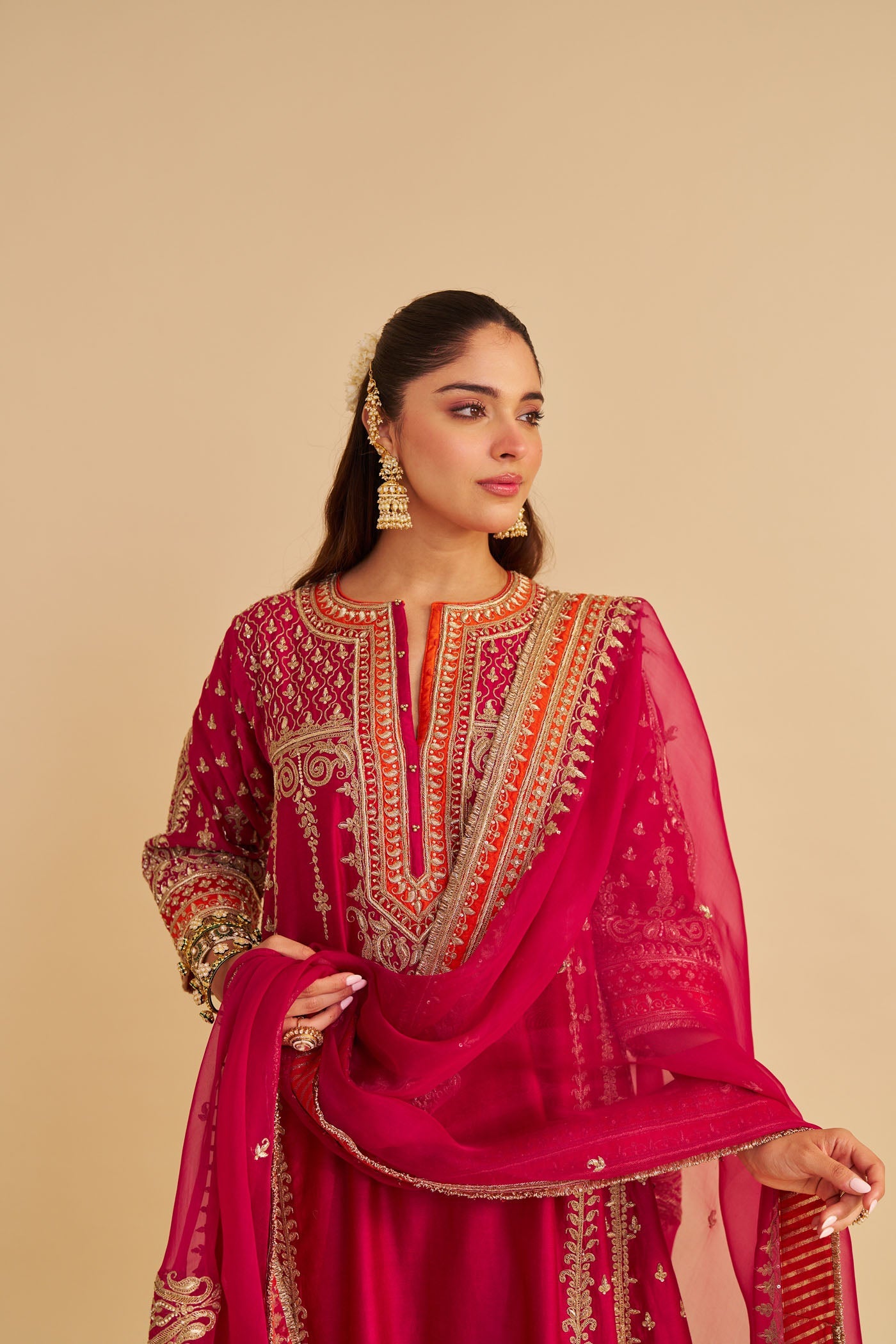Nargis - Dabka Zardozi Embroidered Rich Banarasi Kalidaar Rani Hotpink Long Chauga Set