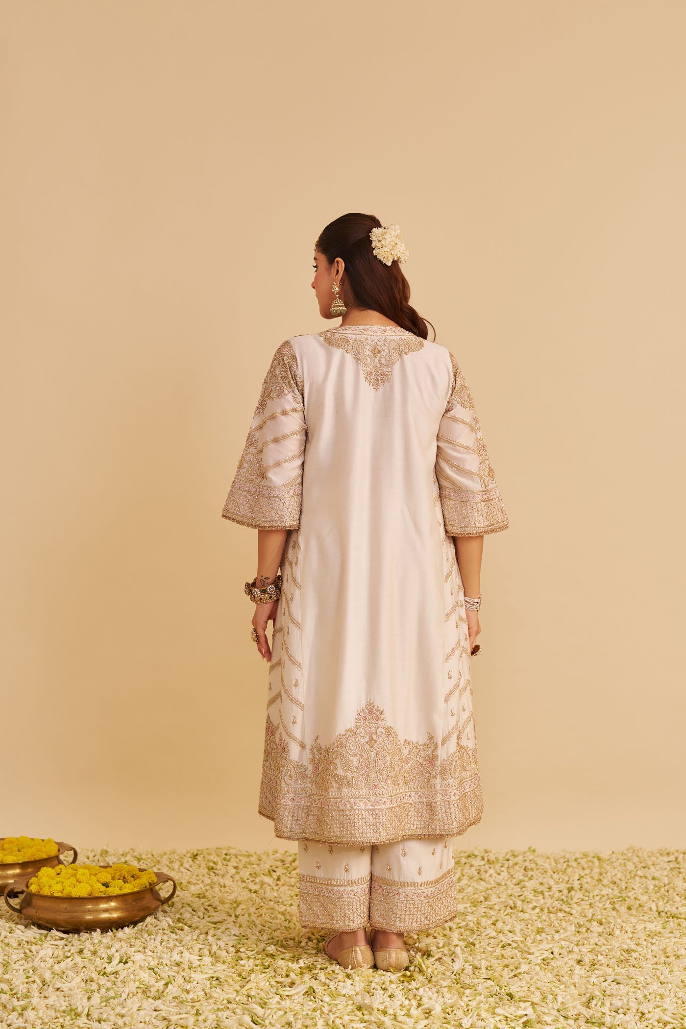 Aqsha - Dabka Zardozi Embroidered Rich Banarasi Daisy Ivory Long Chauga & Palazzo With Dupatta