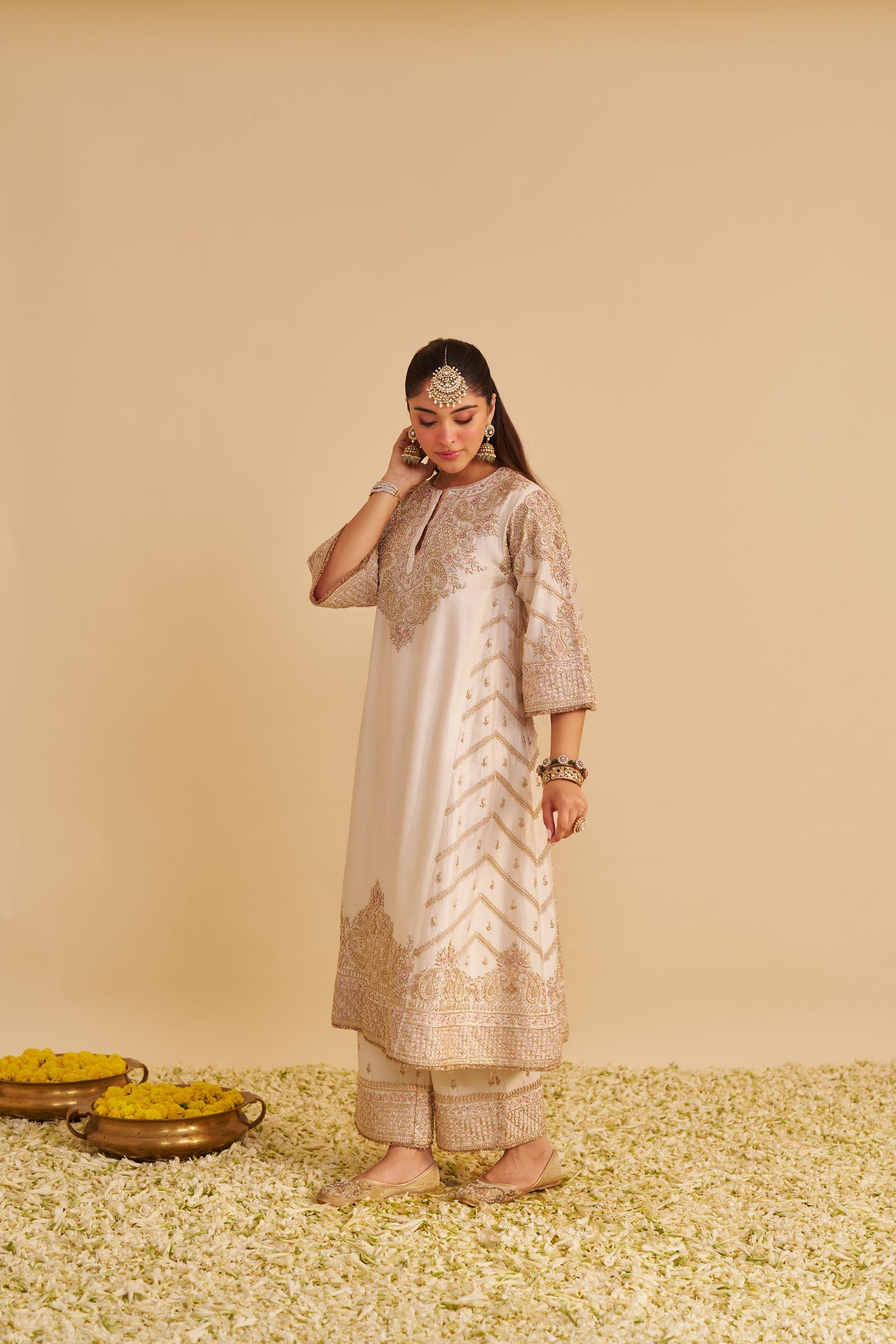 Aqsha - Dabka Zardozi Embroidered Rich Banarasi Daisy Ivory Long Chauga & Palazzo With Dupatta