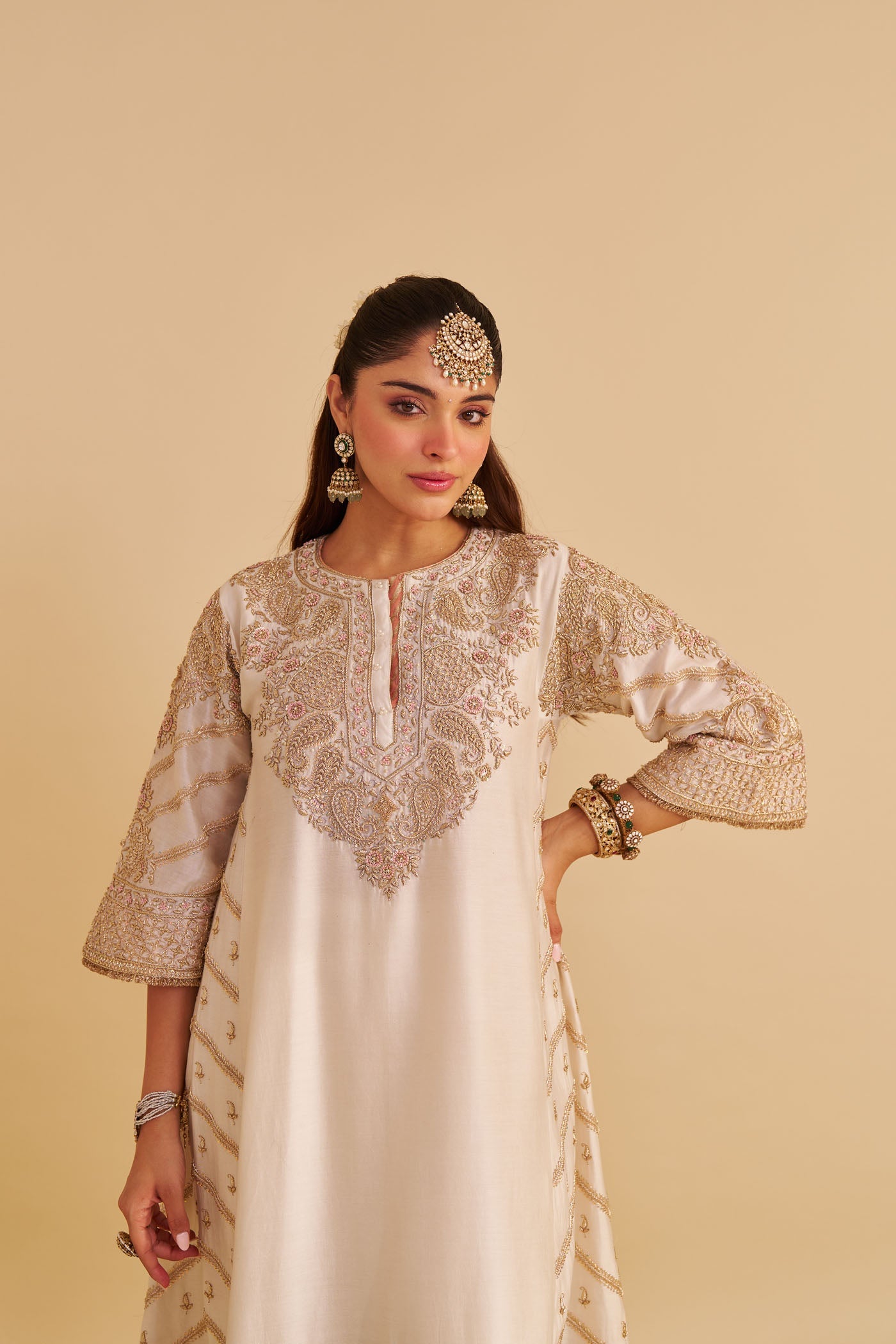 Aqsha - Dabka Zardozi Embroidered Rich Banarasi Daisy Ivory Long Chauga & Palazzo With Dupatta