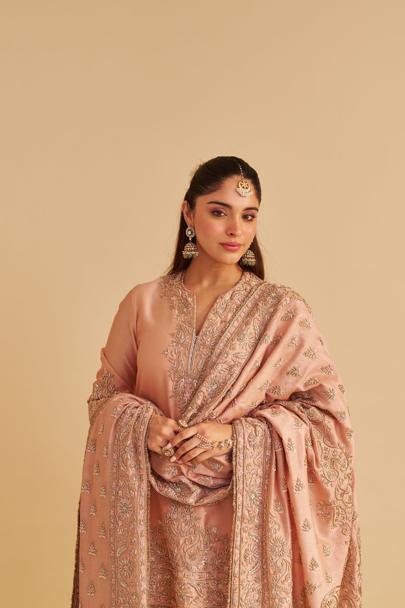 Areeba - Dabka Zardozi Embroidered Pure Banarasi Off Rose Short Kurta & Salwar With Dupatta