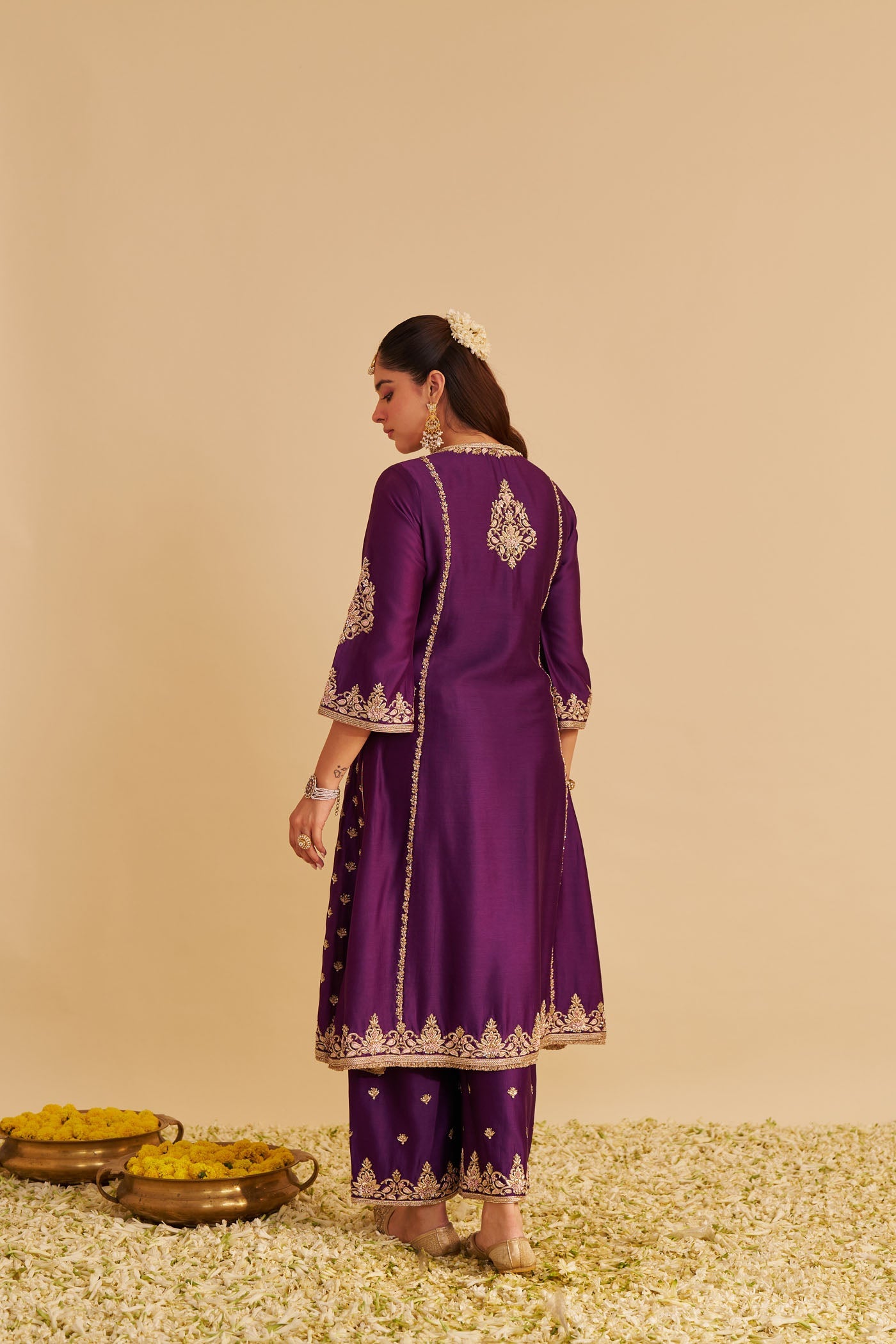 Anaiza - Dabka Zardozi Embroidered Purple Long Kurta & Palazzo With Dupatta