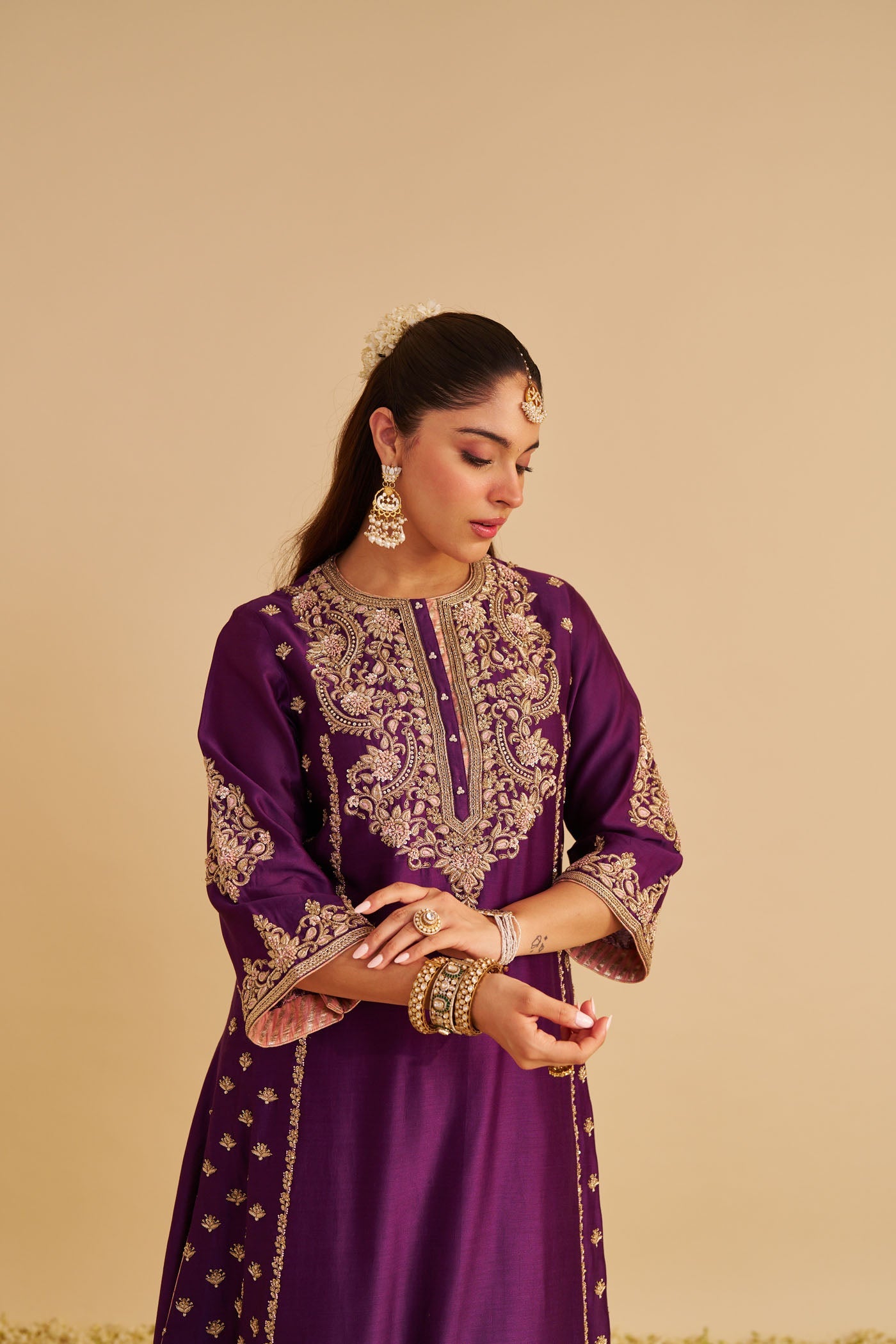 Anaiza - Dabka Zardozi Embroidered Purple Long Kurta & Palazzo With Dupatta