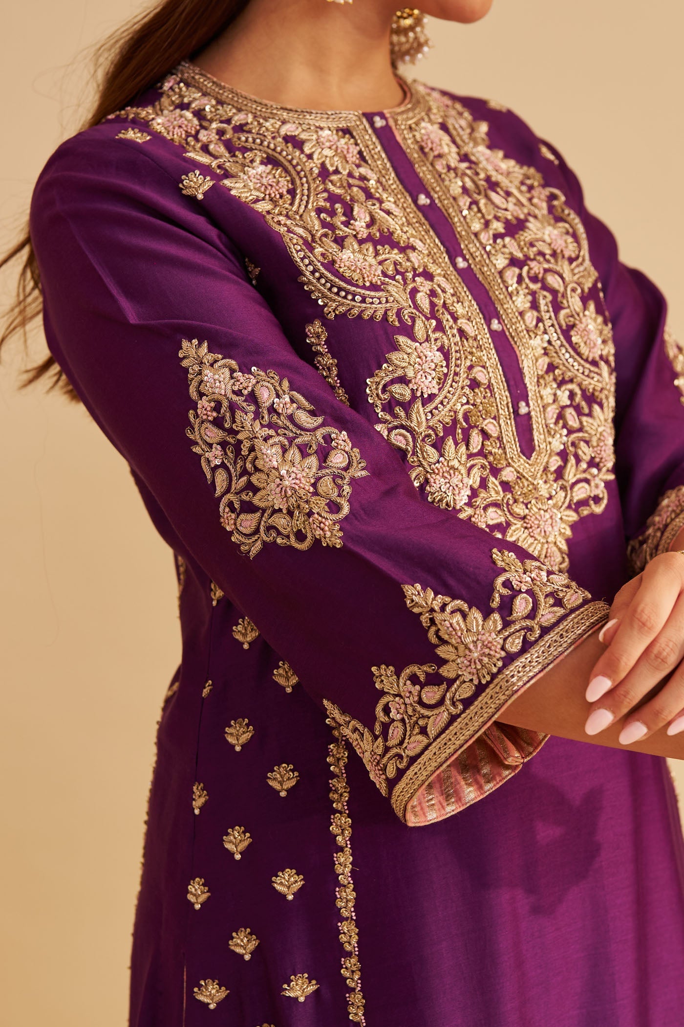 Anaiza - Dabka Zardozi Embroidered Purple Long Kurta & Palazzo With Dupatta
