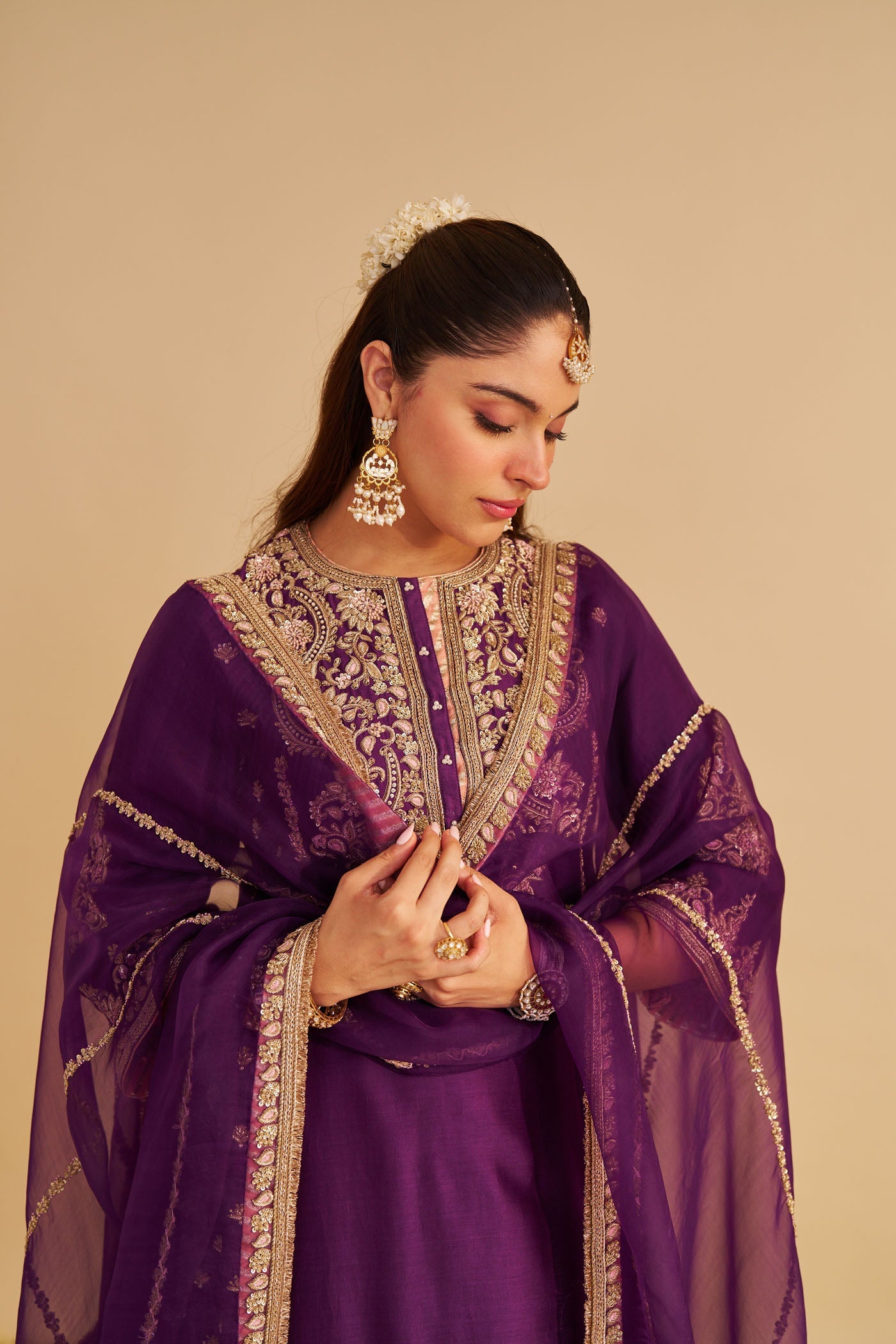 Anaiza - Dabka Zardozi Embroidered Purple Long Kurta & Palazzo With Dupatta