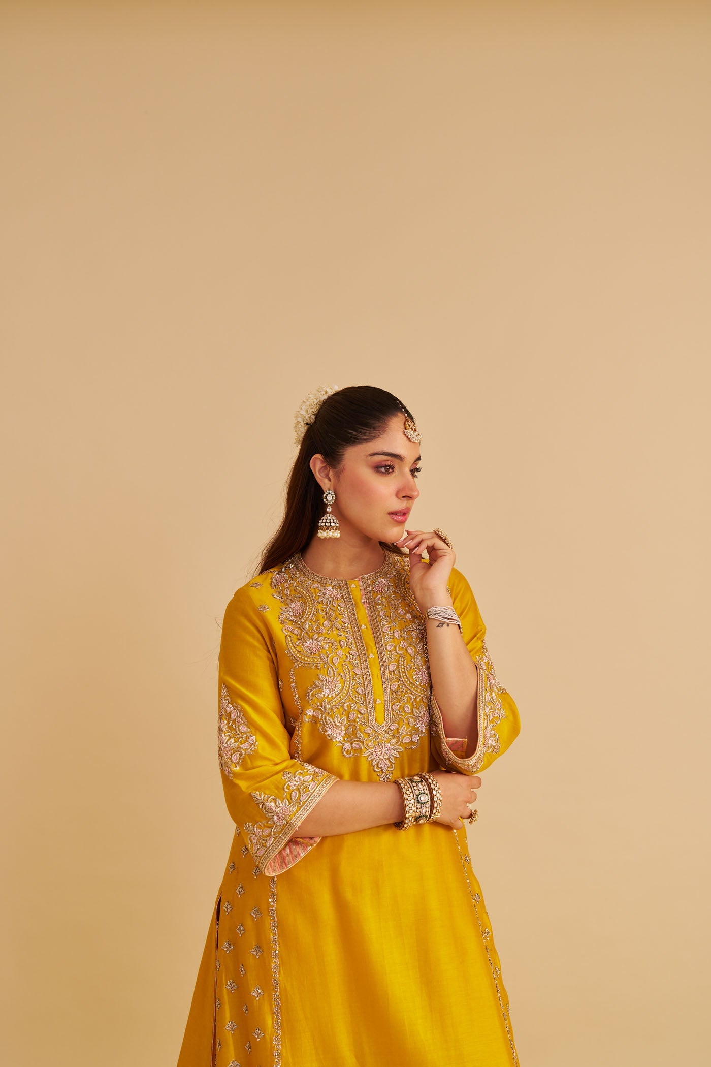 Anaiza - Dabka Zardozi Embroidered Heirloom Mustard Long Kurta & Palazzo With Dupatta