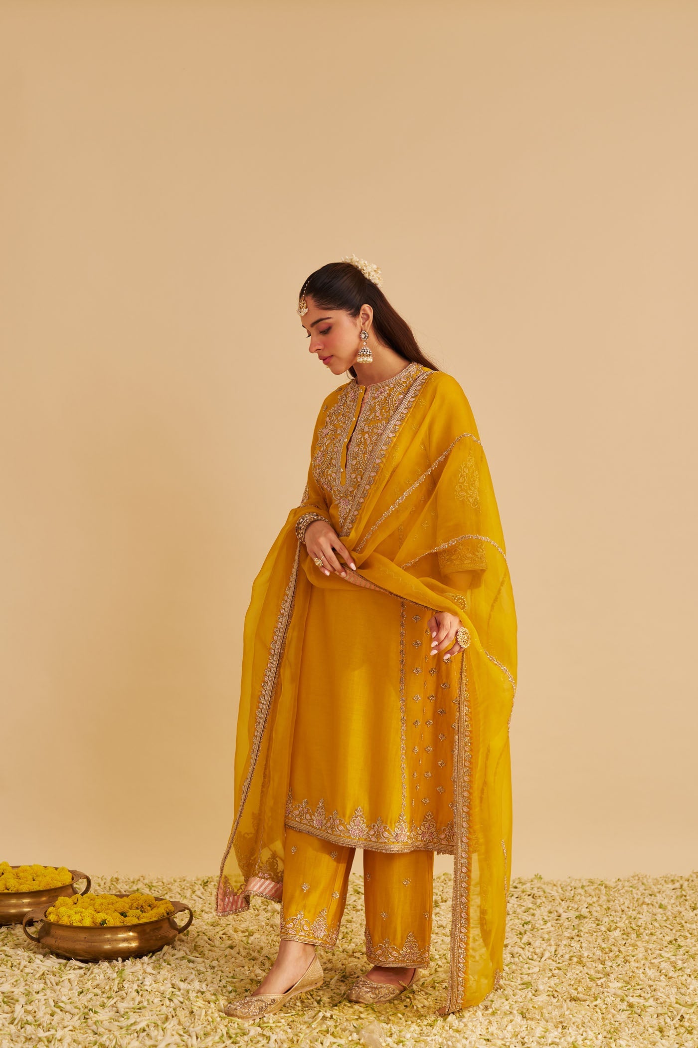 Anaiza - Dabka Zardozi Embroidered Heirloom Mustard Long Kurta & Palazzo With Dupatta