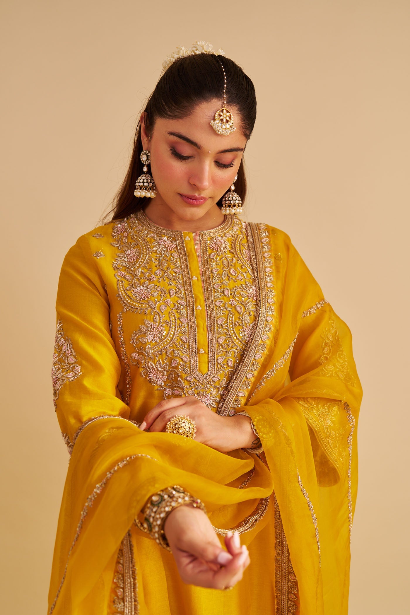Anaiza - Dabka Zardozi Embroidered Heirloom Mustard Long Kurta & Palazzo With Dupatta