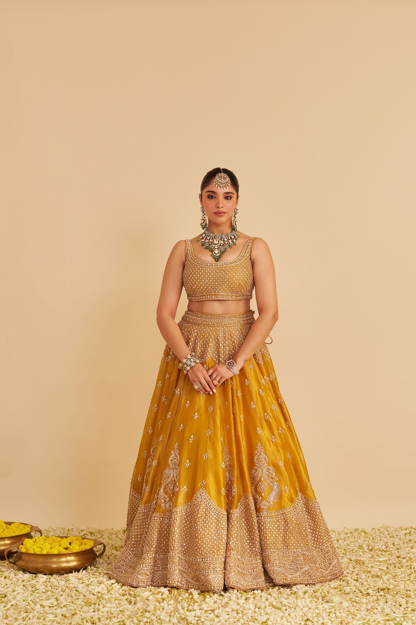 Aashina - Dabka Zardozi Embroidered Pure Tissue Mustard Gold Lehenga Set